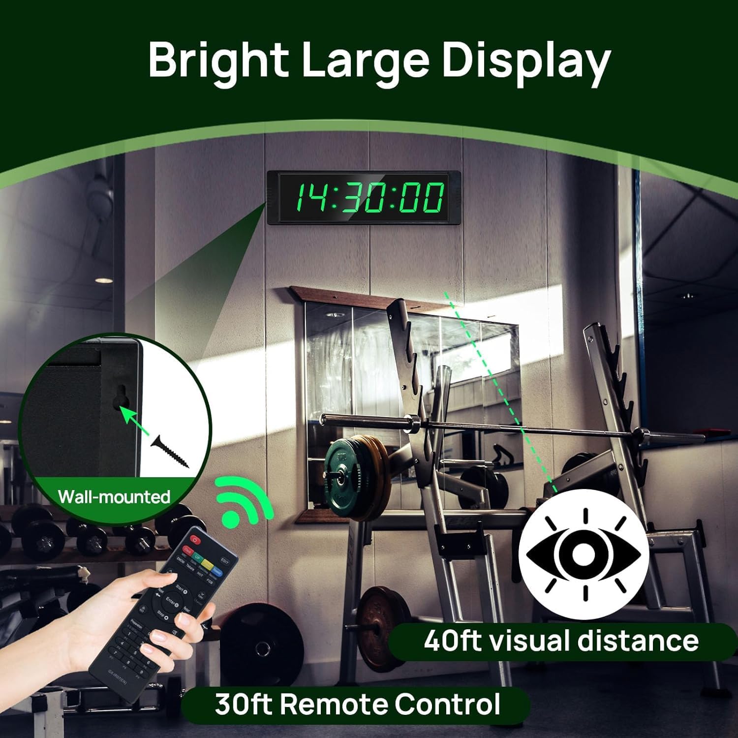 YZ Gym Clock for Home Gym with Start/Stop Button, Interval Timer for Workout, Stopwatch/Countdown Timer with Remote, 12/24H Digital Wall Clock, Portable Home Gym Accessories - Image 4