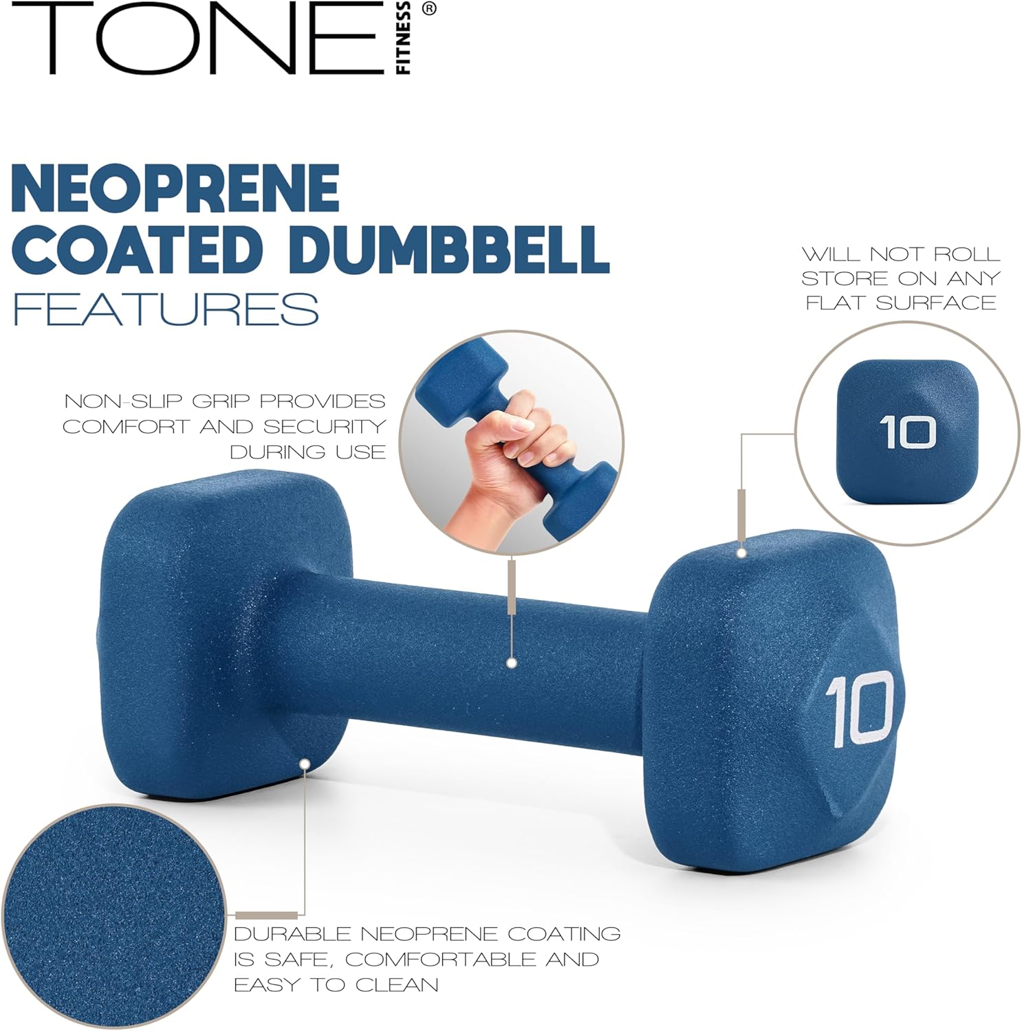 Tone Fitness Neoprene Dumbbell Weight Pairs with Anti-Roll Square Head | Multiple Options - Image 3