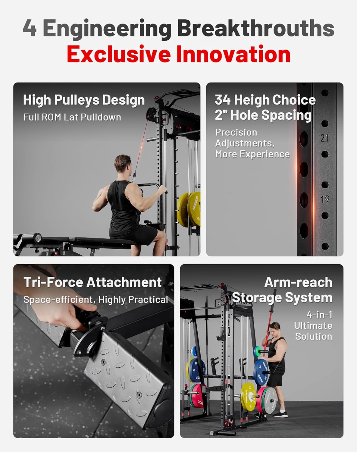 Mikolo Smith Machine, 2200lbs Squat Rack with LAT-Pull Down System & Cable Crossover Machine, Training Equipment with Leg Hold-Down Attachment - Image 3