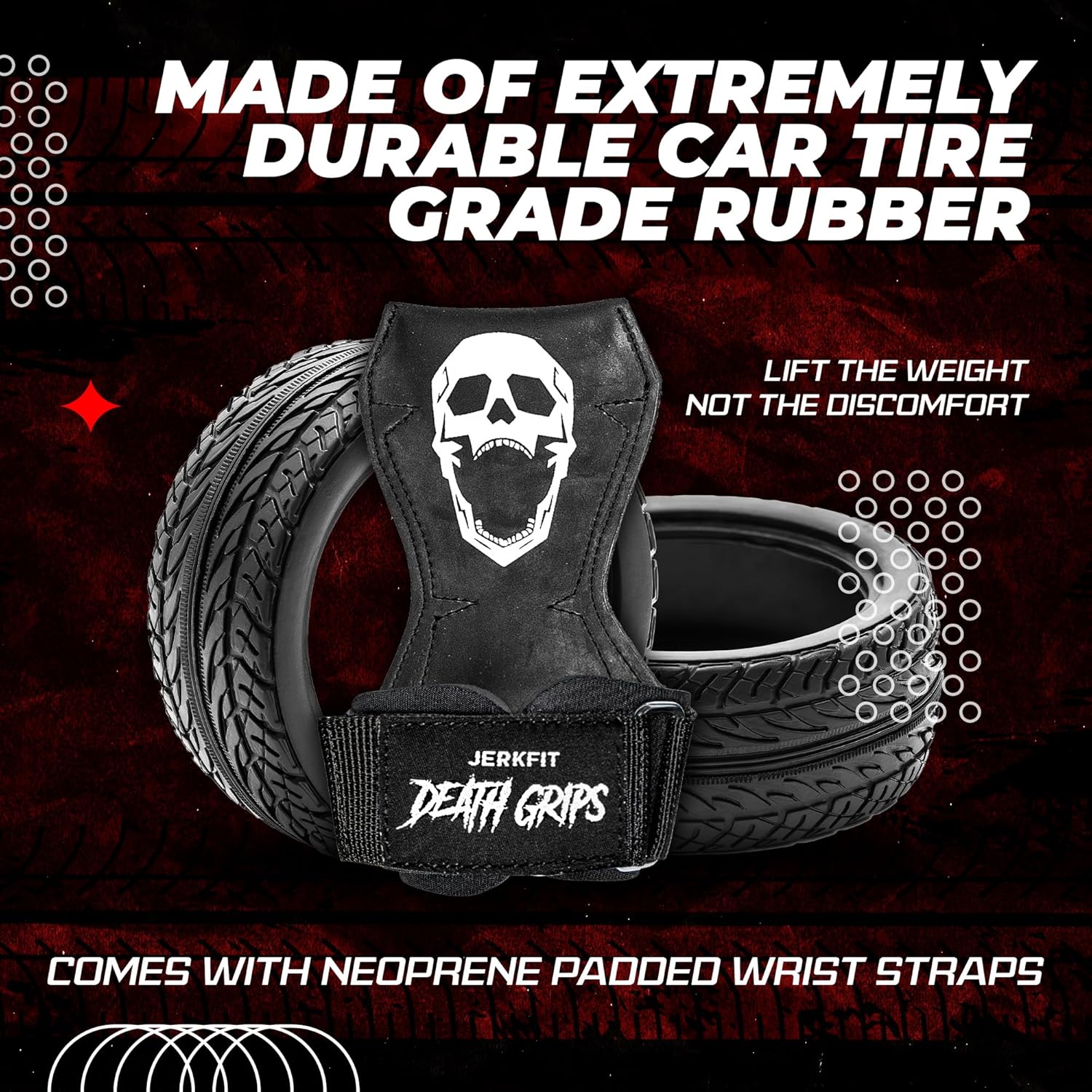 JerkFit Death Grips Premium Lifting Straps - Car Tire Grade Rubber PVC Wrist Straps for Shrugs, Pull Ups & Deadlifts with Neoprene Padded Support - Image 5