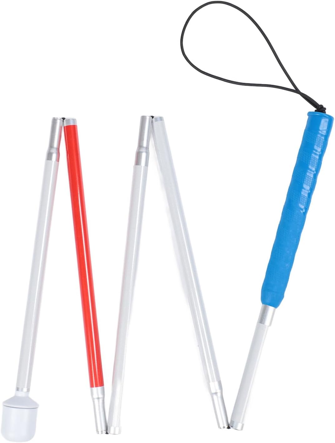 Folding Walking Pole, Aluminum Alloy Collapsible Walking Stick, Anti Slip Reflective Blind Cane with 360 Degree Rotating Head, 5 Sections Folding Design for Elderly and Visually Im