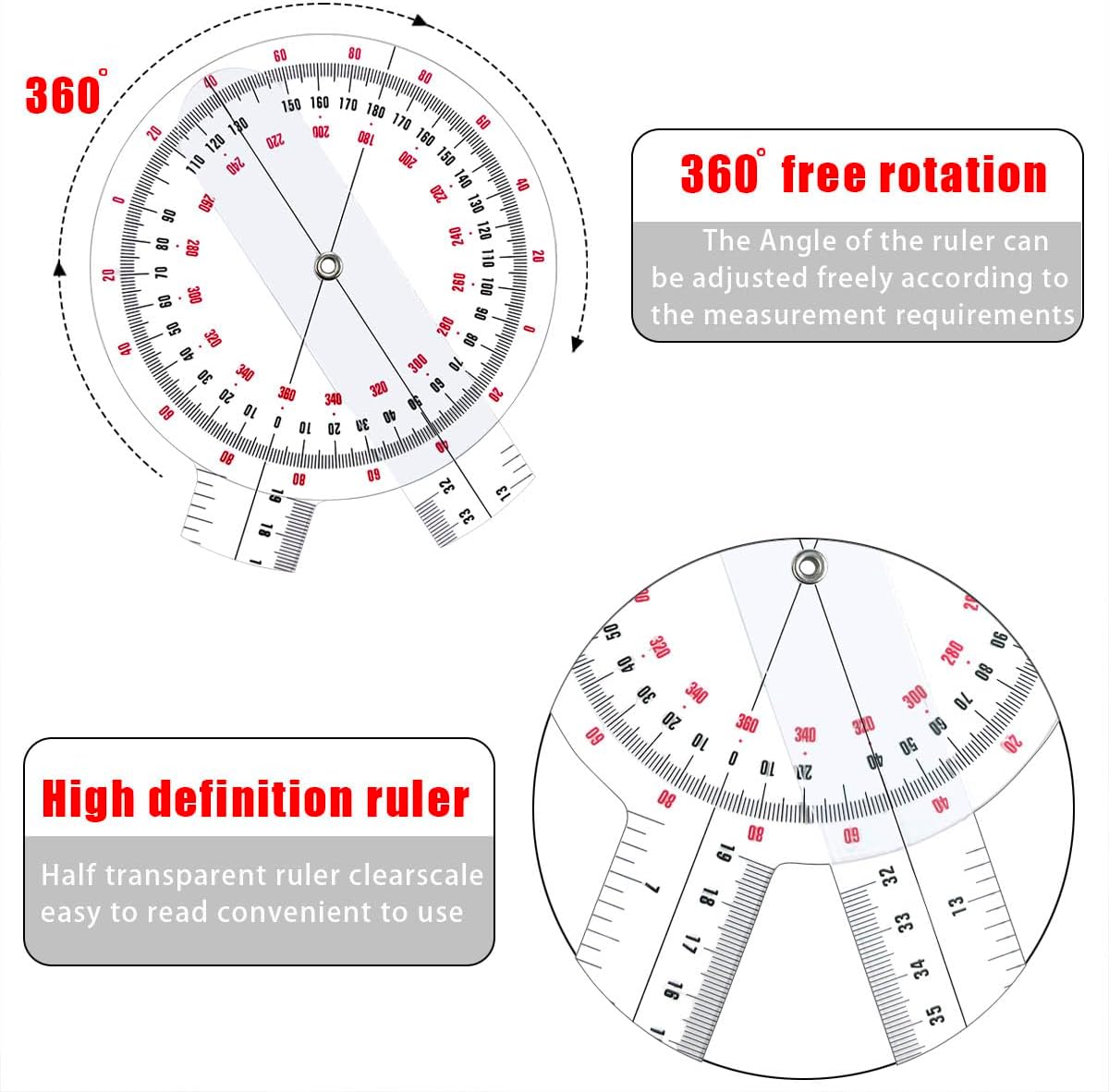 Goniometer 12 inch, Transparent Orthopedic Angle Ruler Plastic Goniometer, 360 Degree Clear Protractor Physical Therapy for Body Measuring Tape Goniometer Protractor Ruler - Image 5