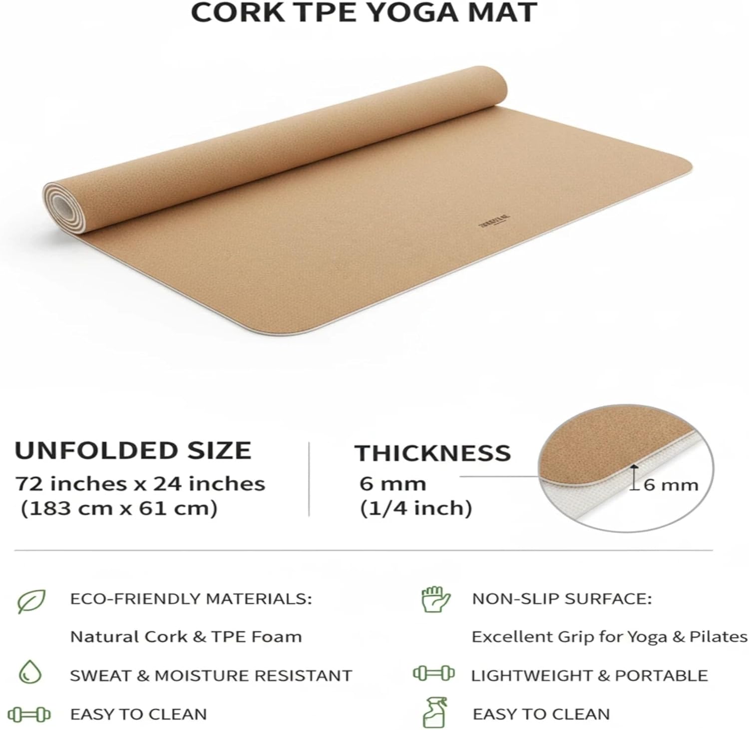 Cork Yoga Mat with TPE Base 6mm Extra Thick Cushioning High Density Exercise Pad 72 x 24 Inch for Home Gym, Non-Slip - Image 5