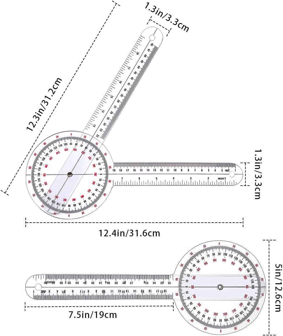 Goniometer 12 inch, Transparent Orthopedic Angle Ruler Plastic Goniometer, 360 Degree Clear Protractor Physical Therapy for Body Measuring Tape Goniometer Protractor Ruler - Image 4