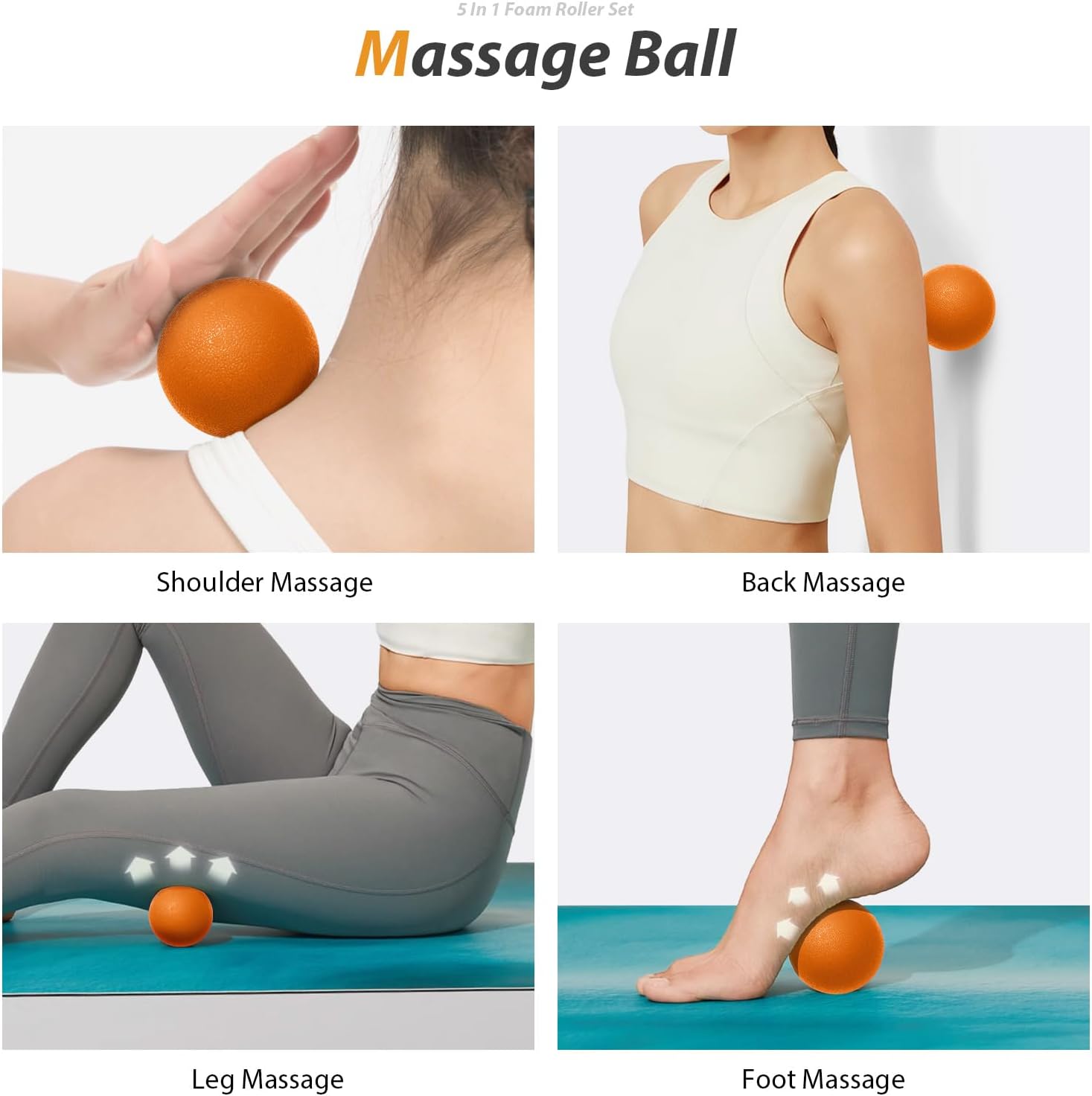 5 in 1 Foam Roller Set for Deep Tissue Muscle Massage, Trigger Point Fitness Exercise Foam Roller, Massage Roller, Massage Ball, Stretching Strap, for Whole Body (Orange-New) - Image 5