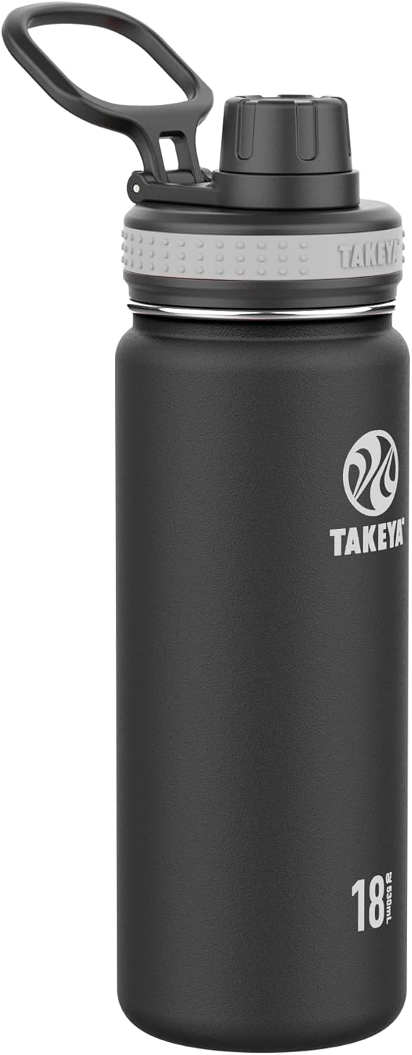 Takeya Originals 18 oz Vacuum Insulated Stainless Steel Water Bottle with Spout Lid, Black