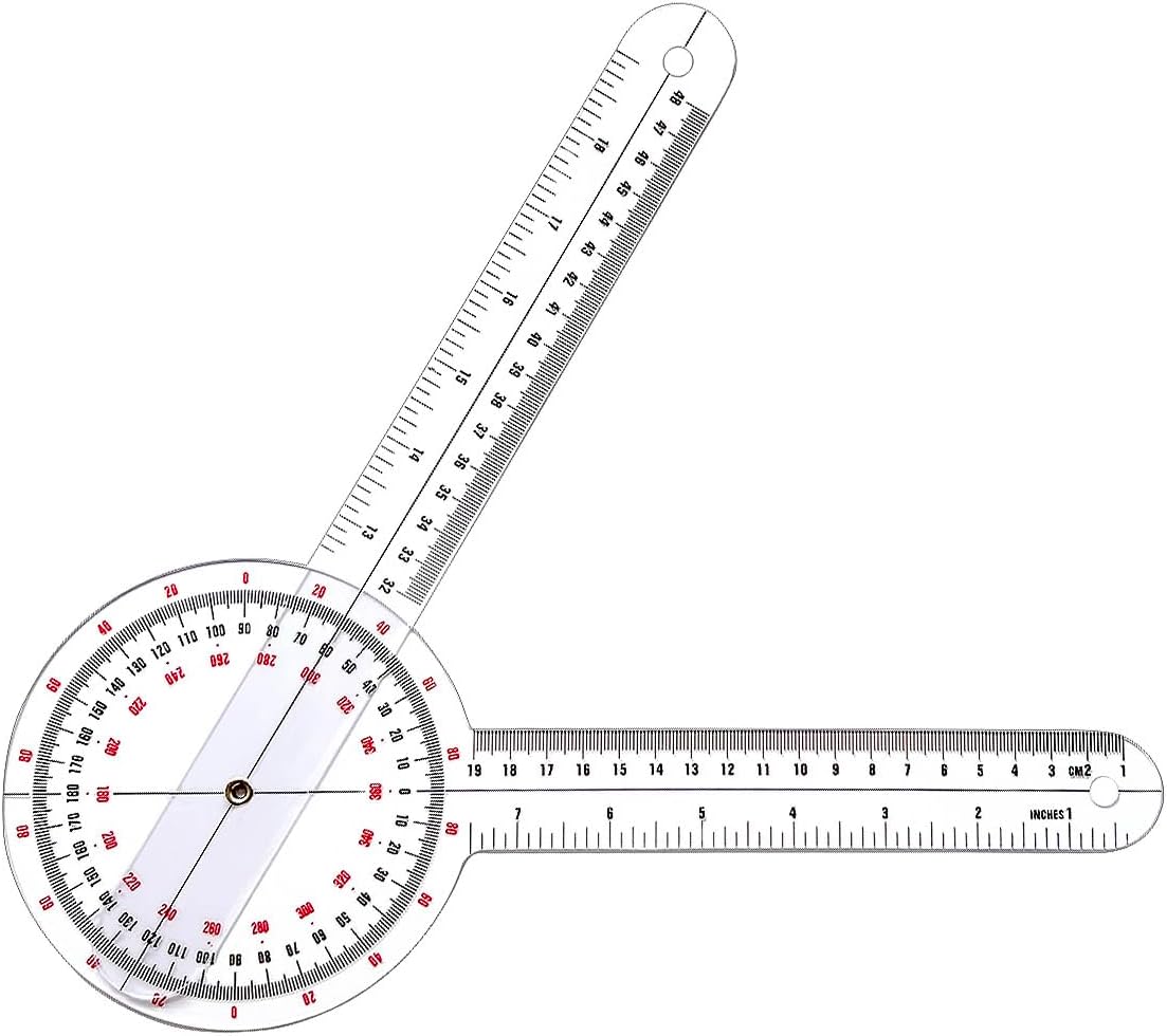 Goniometer 12 inch, Transparent Orthopedic Angle Ruler Plastic Goniometer, 360 Degree Clear Protractor Physical Therapy for Body Measuring Tape Goniometer Protractor Ruler