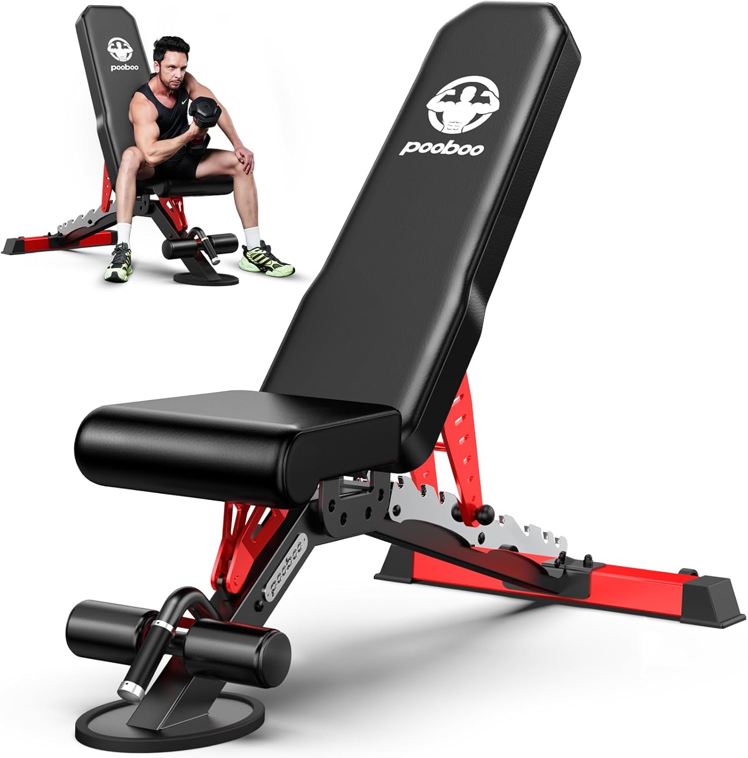 Pooboo Weight Bench, Adjustable Workout Bench for Home, 1500LBS Weight Capacity Heavy Duty Strength Training Bench, Flat/Incline/Decline Positions for Full Body Workout