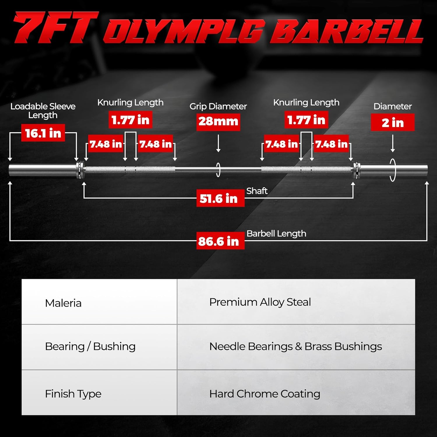 7FT Bar Olympic Barbell, 1000lb Capacity Weight Bar for Strength Training, 2 Inch Strength Training Bar With Knurled Grip for Squats, Deadlifts, Presses, Rows, Curls - Image 8