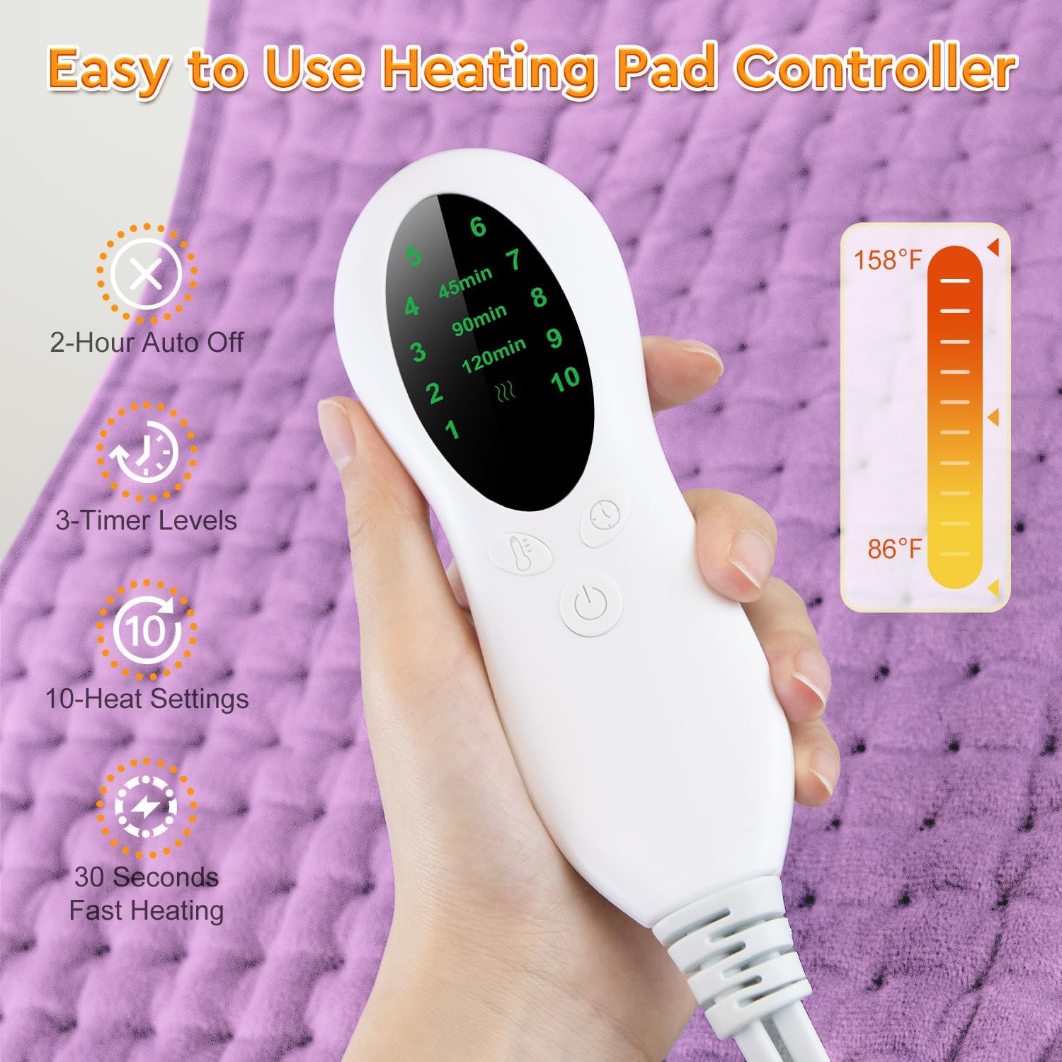 Heating Pad for Back Pain & Period Cramps Relief - Birthday Gifts for Women Mom Grandma, Portable Electric Neck and Shoulder Heating Pads Large, 10 Heat Settings, ETL Certified, 12"x24", Purple - Image 7