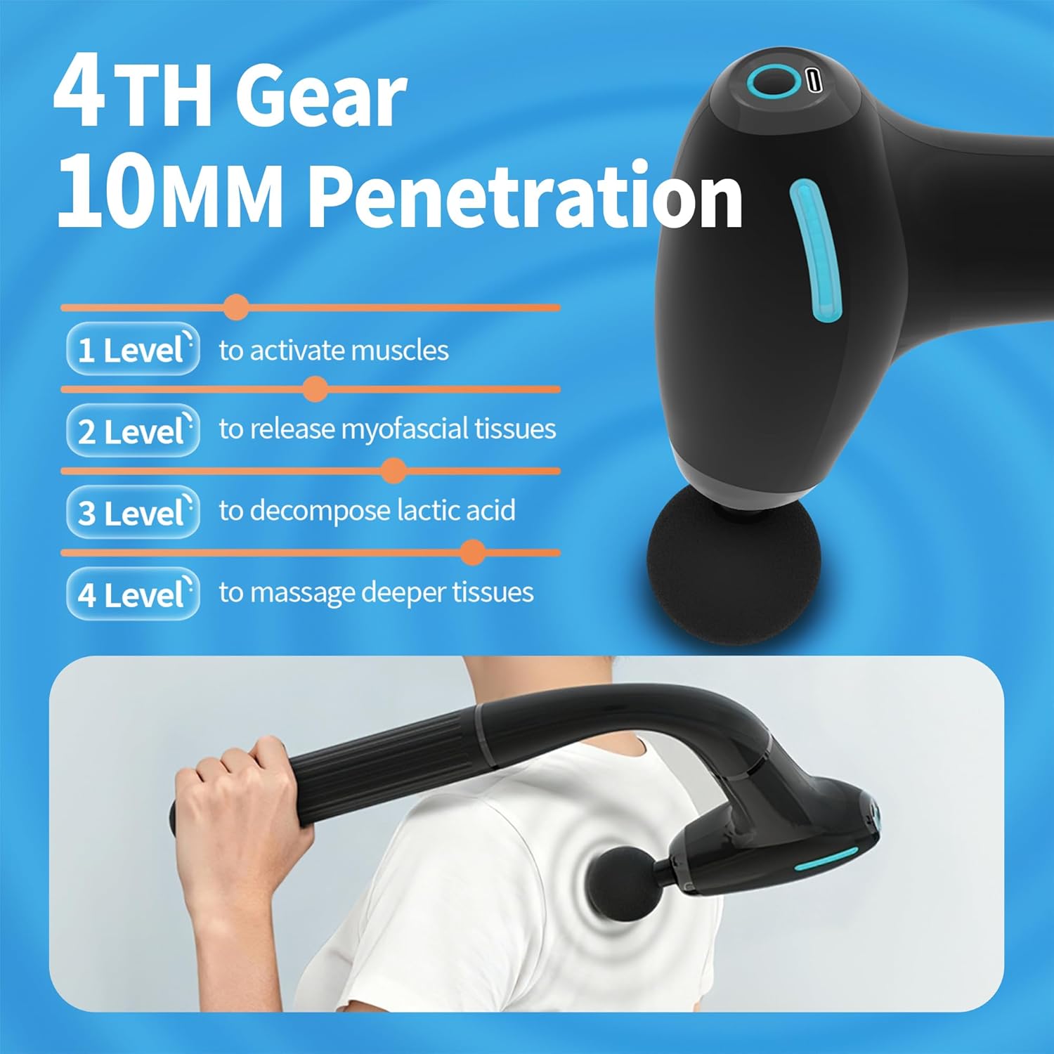 3-in-1 Detachable Massage Gun Deep Tissue, Back Massager for Pain Relief Deep Tissue with 4 Heads 5 Speed for Arm Shoulder Leg (Black Plus) - Image 4