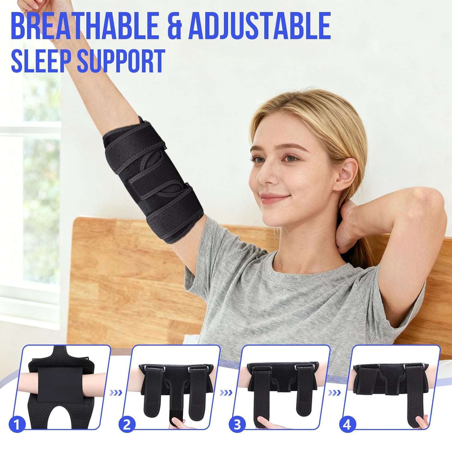 Elbow Brace for Cubital Tunnel, Comfortable Elbow Stabilizer for Night Sleep and Day Working, Ulnar Nerve Entrapment brace with Compression Sleeve Immobilizer, 2 Removable Metal Splints Stabilizer Support for Women and Men Fit Most - Image 5
