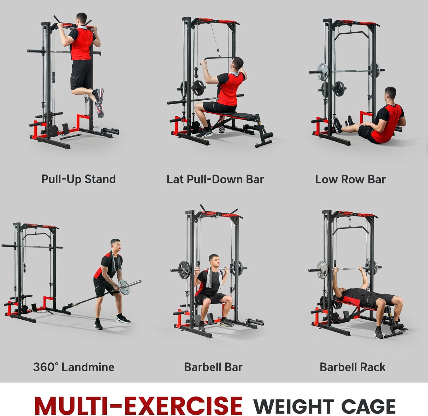 Soozier Power Cage Smith Machine, Multi-Function Power Rack with Pull Up Bar, LAT Pull Down System and Squat Rack, Barbell Bar, Plate Storage Posts, Landmine, for Home Gym - Image 3