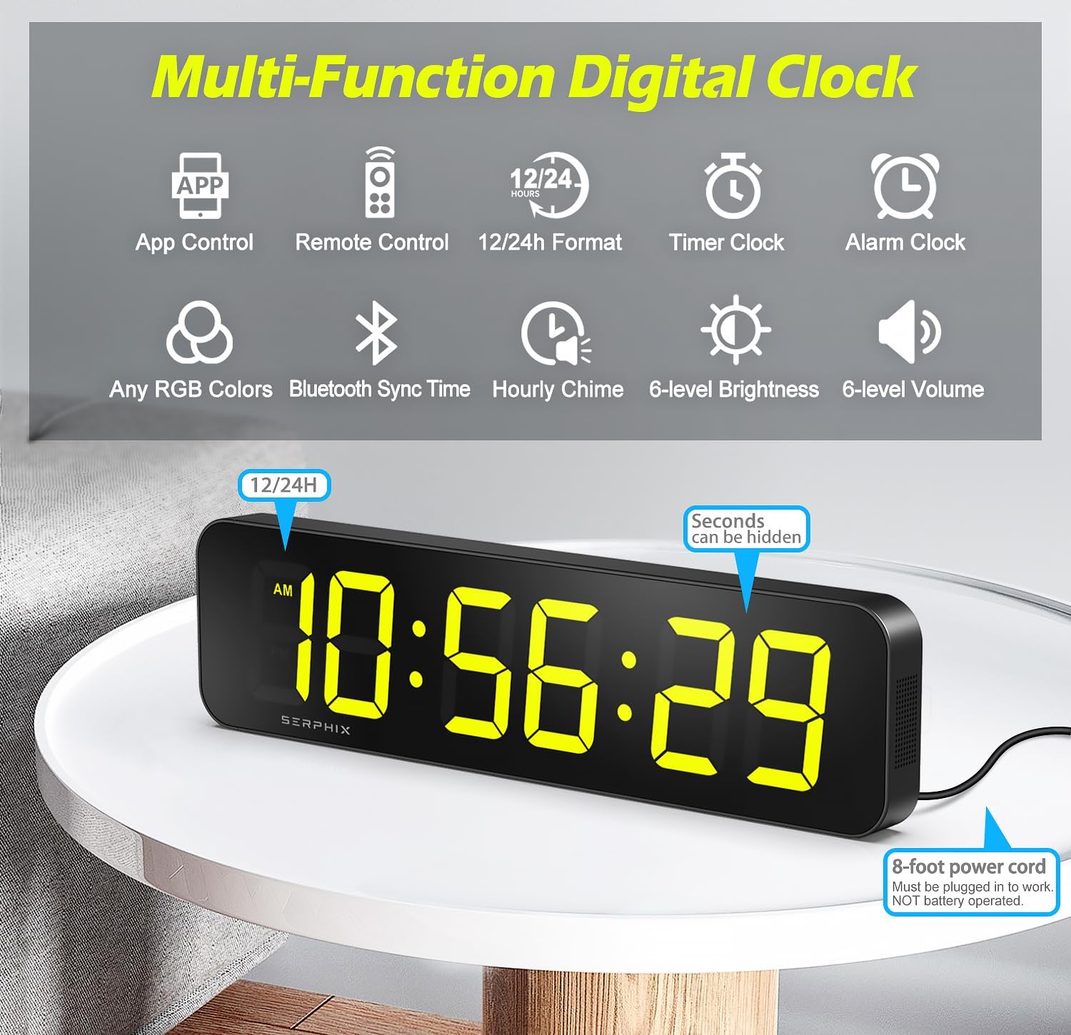 15.2" Large Digital Wall Clock with Seconds, App & Remote Control, Customizable RGB Colors, Alarms, Stopwatch, Countdown, Timer Clock for Home Gym Living Room Office Garage Decor - Image 3