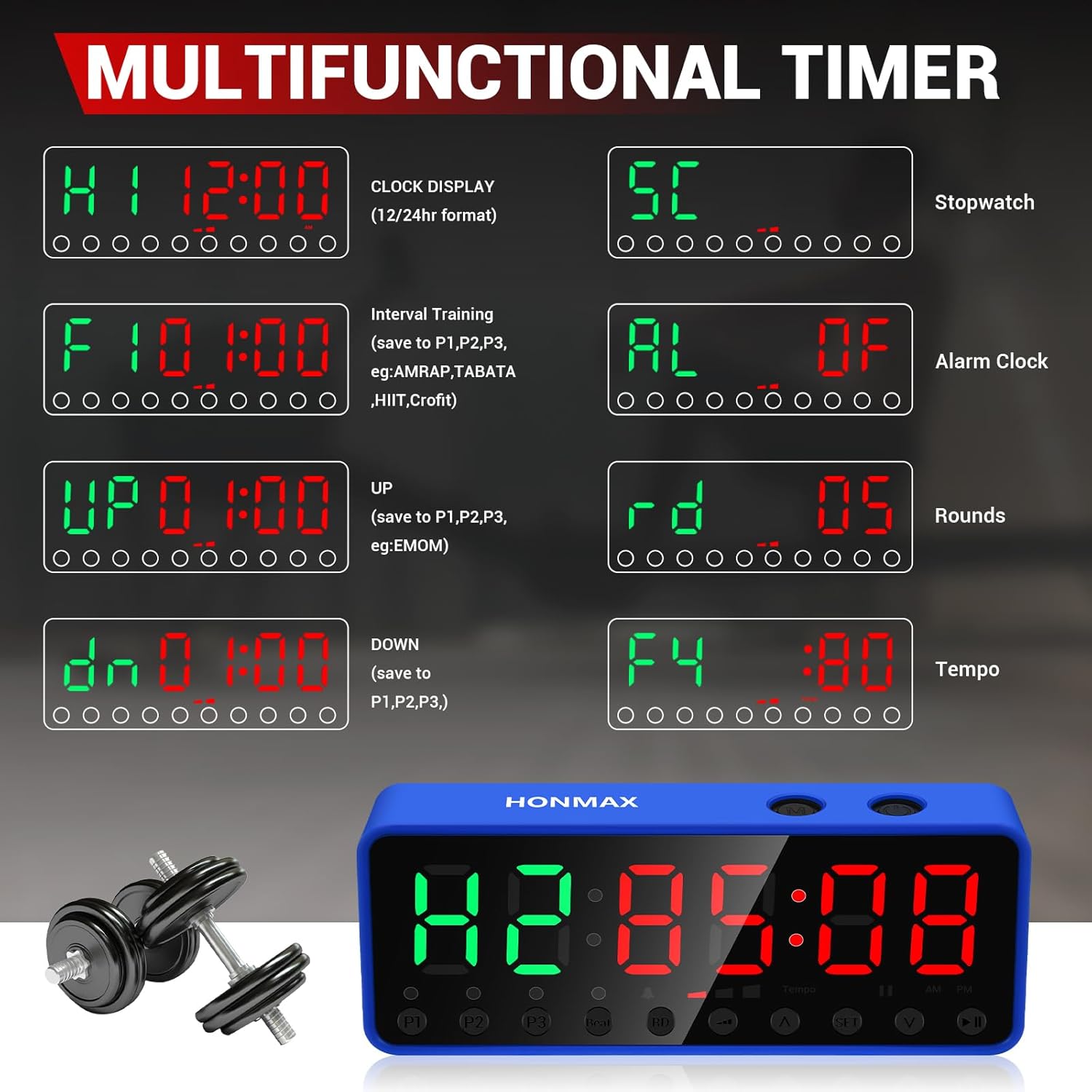 Portable Gym Timer, Fitness Clock, Home Garage Gym Workout Timer, Built-in Strong Magnet and Lithium Battery and Beat Function, Large LED Digital Anti-Vertigo Display - Image 4