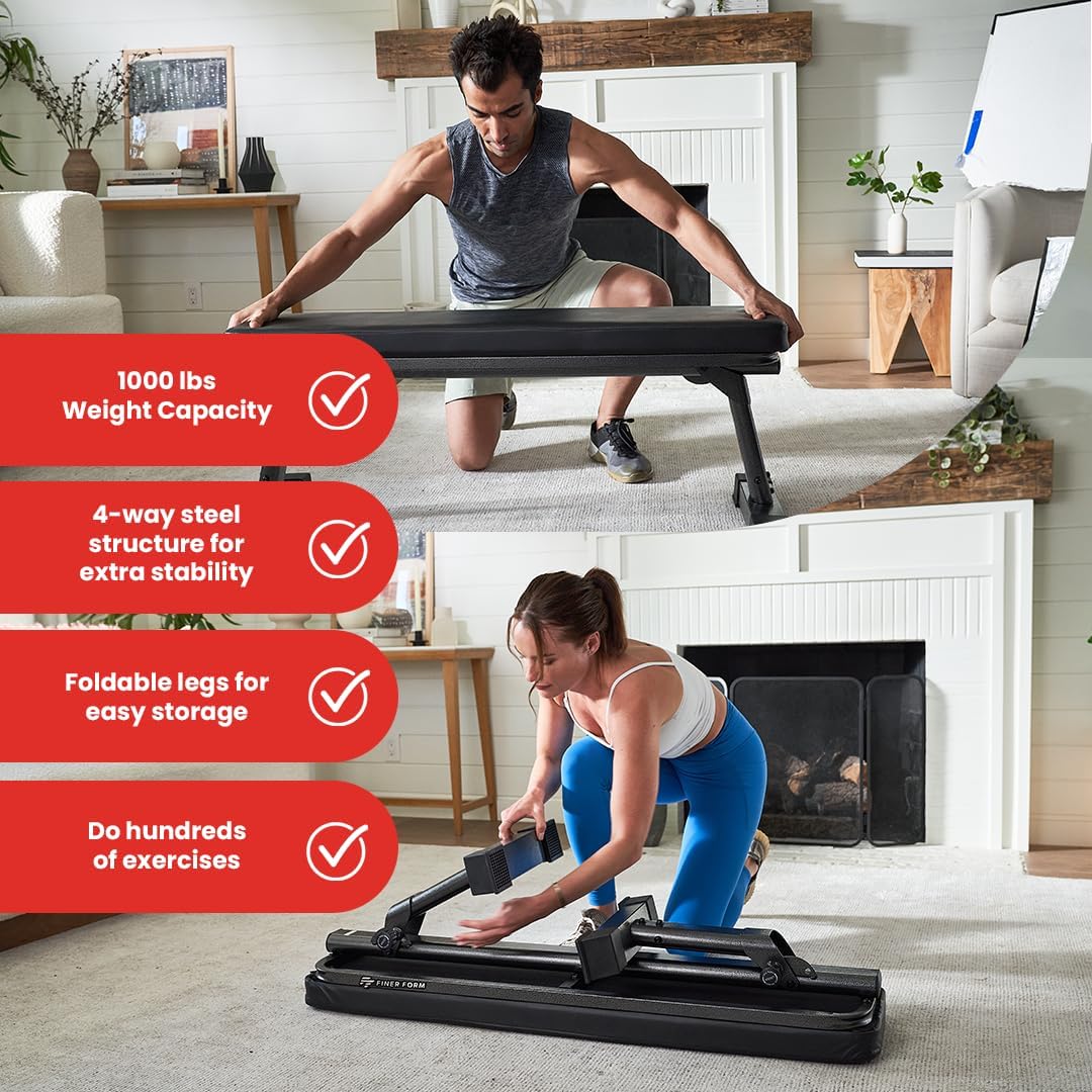 Finer Form Gym Quality Foldable Flat Bench for Multi-Purpose Weight Training and Ab Exercises - Free PDF Workout Chart Included - Image 3