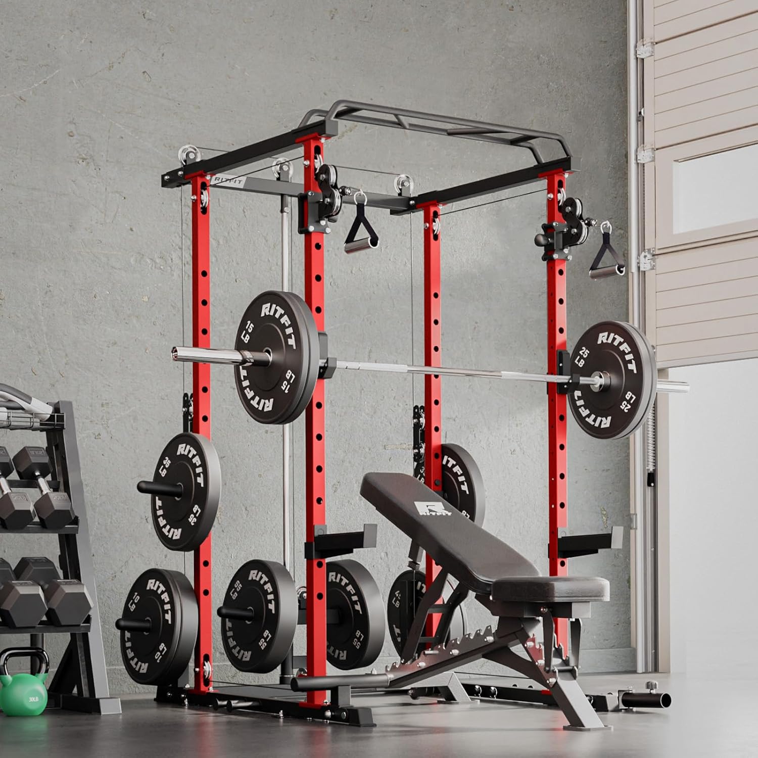 RitFit Multi-Function Squat Rack Power Cage PPC-P3 with Cable Crossover System, 1200LBS Capacity Power Rack and Packages with Optional Weight Bench, Barbell Weight Set, for Garage Workout & Home Gym - Image 7