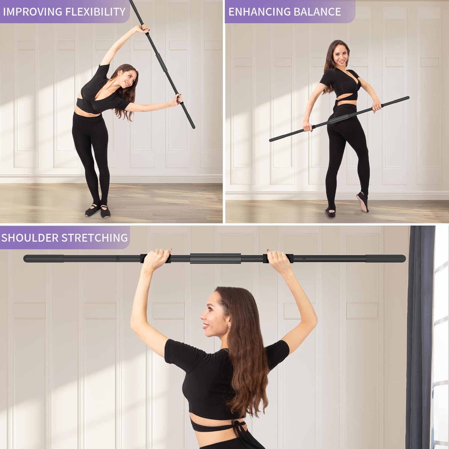 Yoga Stick 58 Inch Sturdy Alloy Steel - Adjustable Stick for Exercise, Stretching, Balance - Versatile Exercise Stick with Non-Slip Ends, Neck Cushion and Adjustable Grip Cushions - Image 6