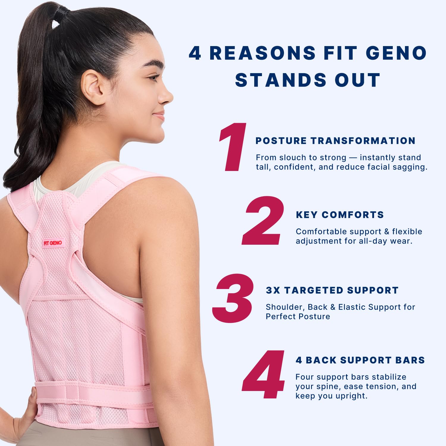 Fit Geno Back Brace and Adjustable Posture Corrector And Trainer for Women and Men, Back Straightener, Scoliosis and Hunchback Correction, Back Pain, Spine Support, Pink, Medium (Waist 34-41 Inch) - Image 3