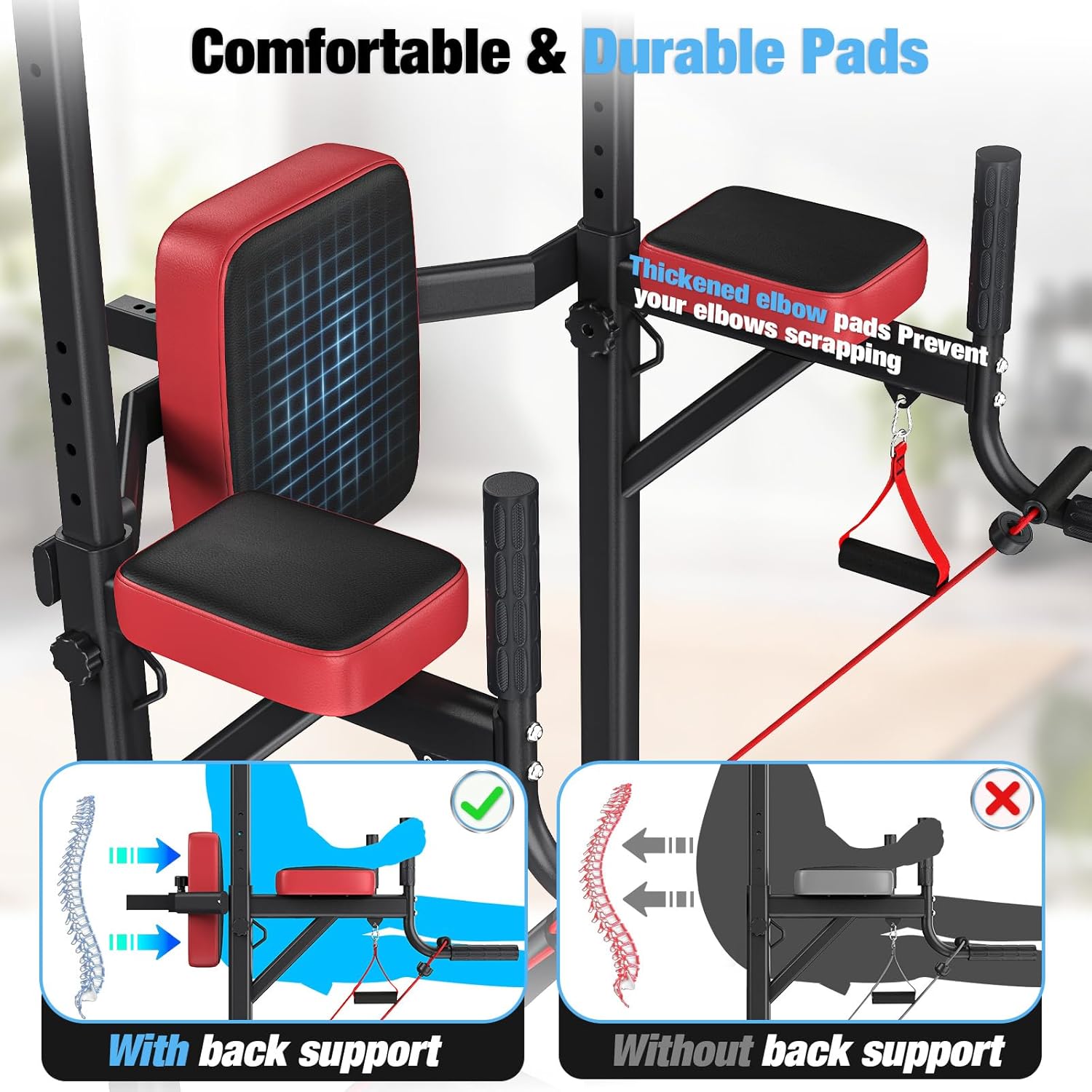 Dskeuzeew Power Tower Pull Up Bar Station for Home Gym Strength, 450LBS Pull Up Dip Station Assistive Trainer Height Adjustable with Elastic Ropes, Pull Up Bar Free Standing Heavy-Duty Fitness Equipment - Image 6