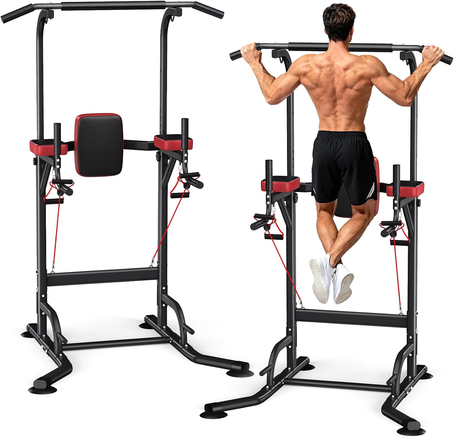 Dskeuzeew Power Tower Pull Up Bar Station for Home Gym Strength, 450LBS Pull Up Dip Station Assistive Trainer Height Adjustable with Elastic Ropes, Pull Up Bar Free Standing Heavy-Duty Fitness Equipment