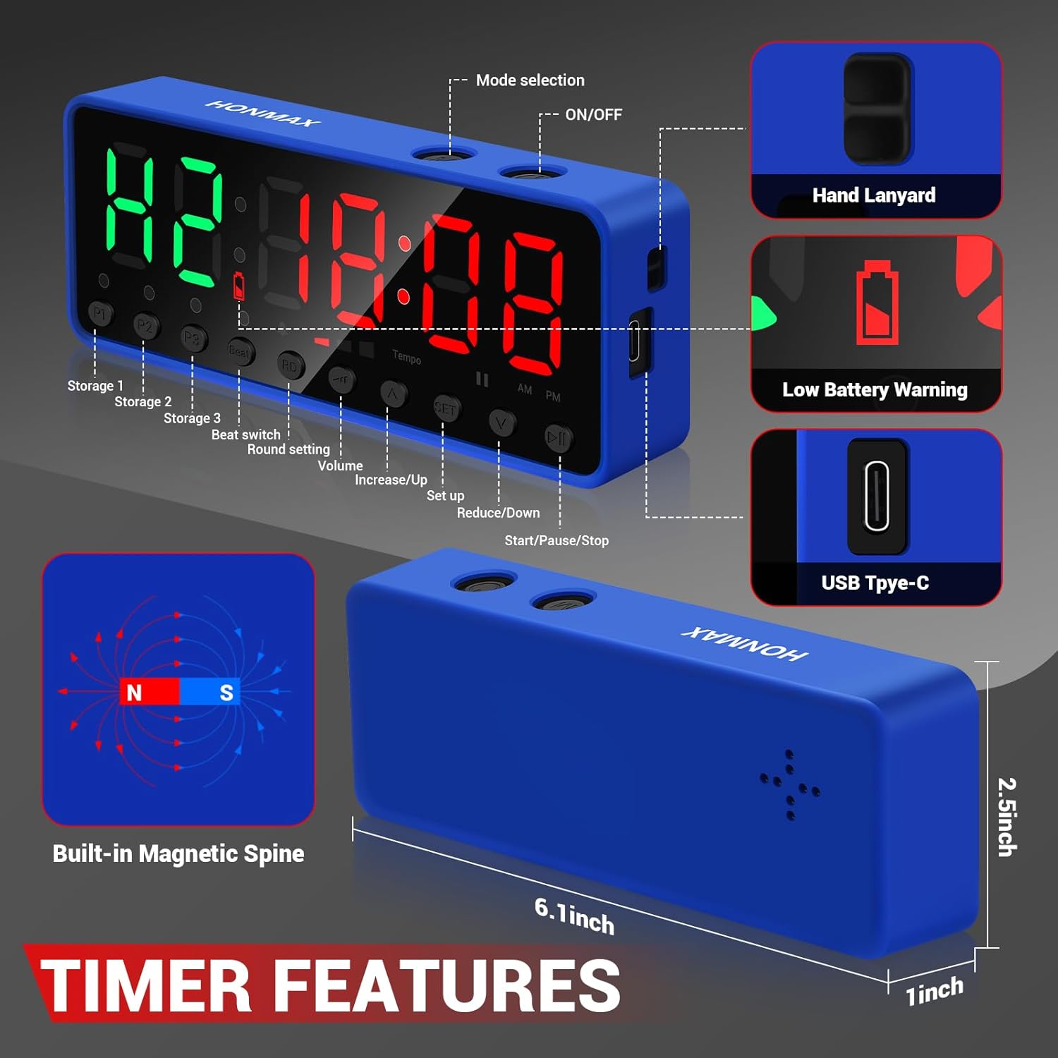 Portable Gym Timer, Fitness Clock, Home Garage Gym Workout Timer, Built-in Strong Magnet and Lithium Battery and Beat Function, Large LED Digital Anti-Vertigo Display - Image 2