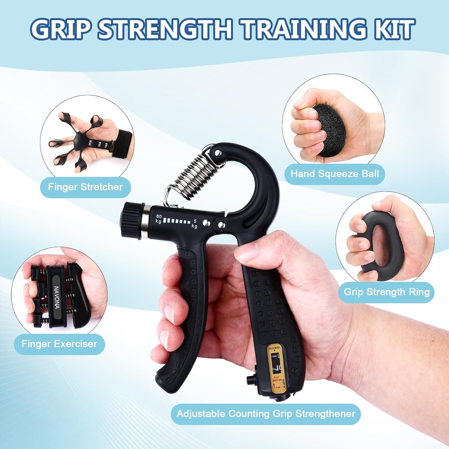 5 PCS Grip Strength Trainer Kit, Hand Gripper Strengthener, Forearm Strengthener, Finger Strengthener, Finger Exerciser, Stress Relief Ball, Forearm Workout Ring for Muscle Building and Injury Recover - Image 3