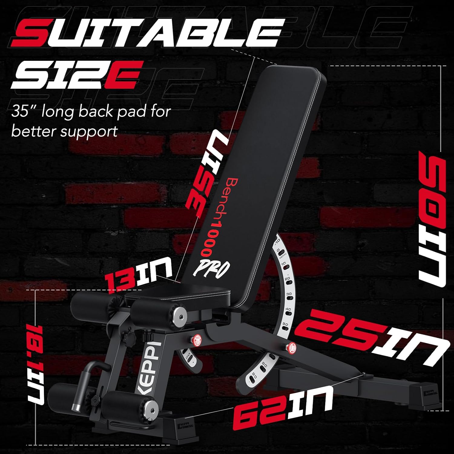 Keppi 1200LB Weight Bench, Heavy Duty Bench1000 PRO Adjustable Workout Bench Press Set for Home Gym Strength Training, Removable Foot Catch for Incline Flat Decline Sit Up Bench for Full Body Fitness - Image 8