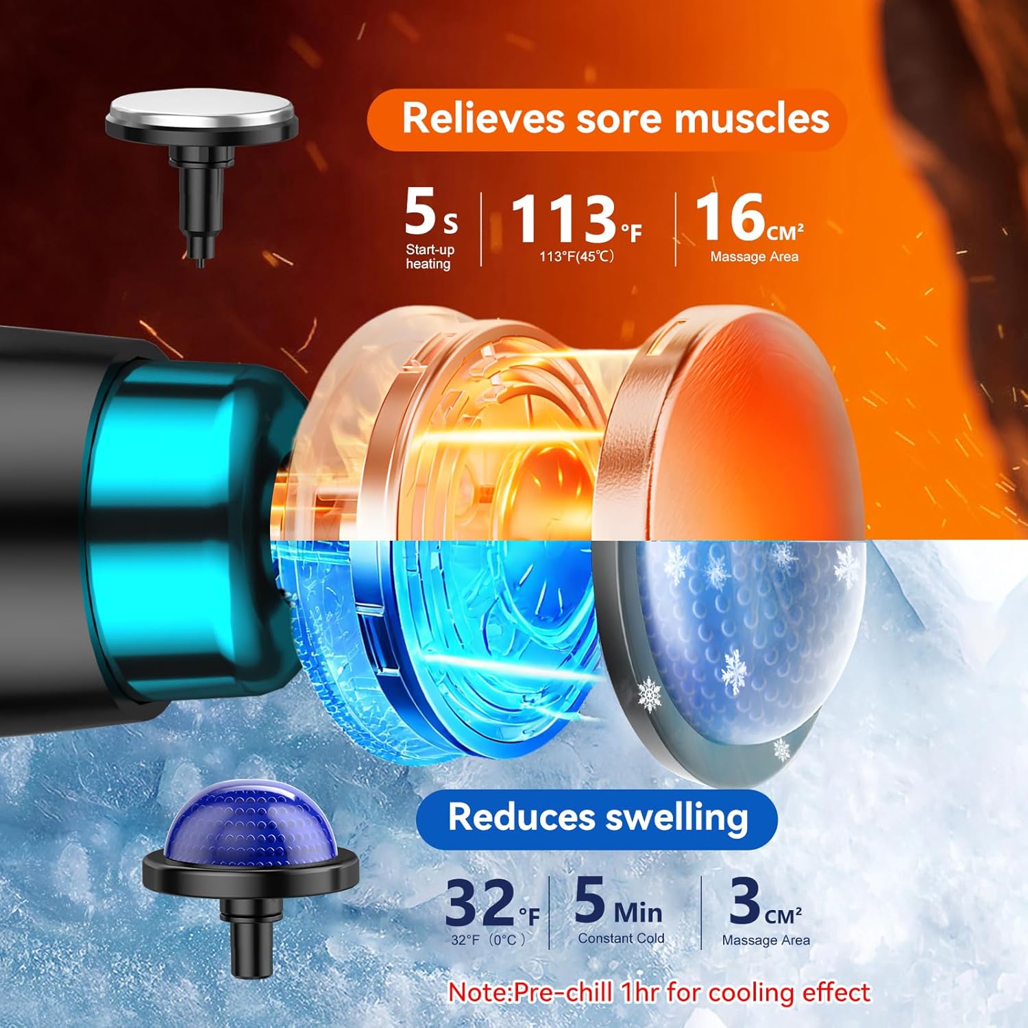 Folding Massage Gun with Heat & Cold Therapy, Back & Deep Tissue Massager with 10 Heads, 9 Speeds, Quiet Rechargeable Percussion Massager for Back Pain Relief, Shoulders, Legs, Portable with Case - Image 3