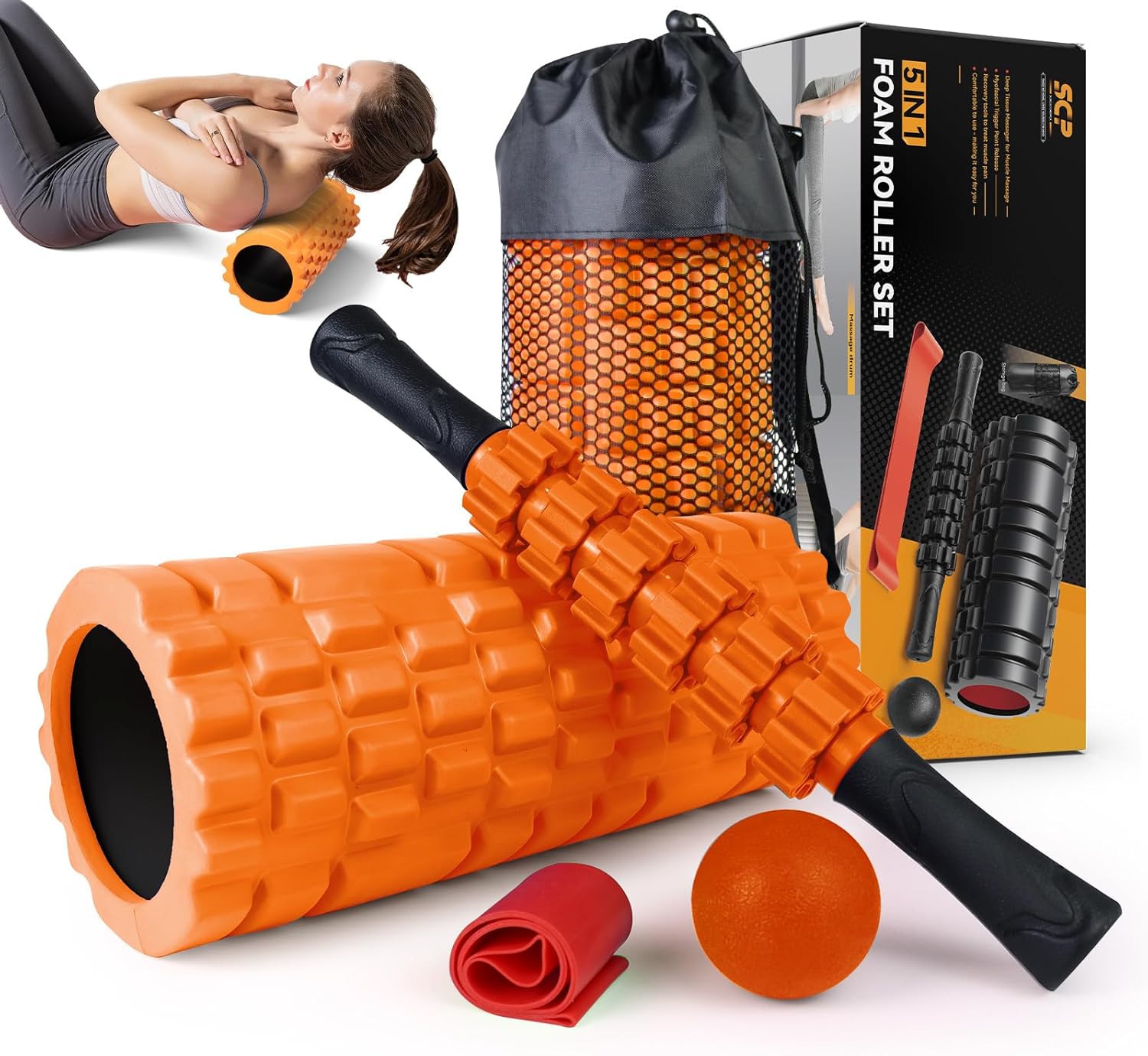 5 in 1 Foam Roller Set for Deep Tissue Muscle Massage, Trigger Point Fitness Exercise Foam Roller, Massage Roller, Massage Ball, Stretching Strap, for Whole Body (Orange-New)
