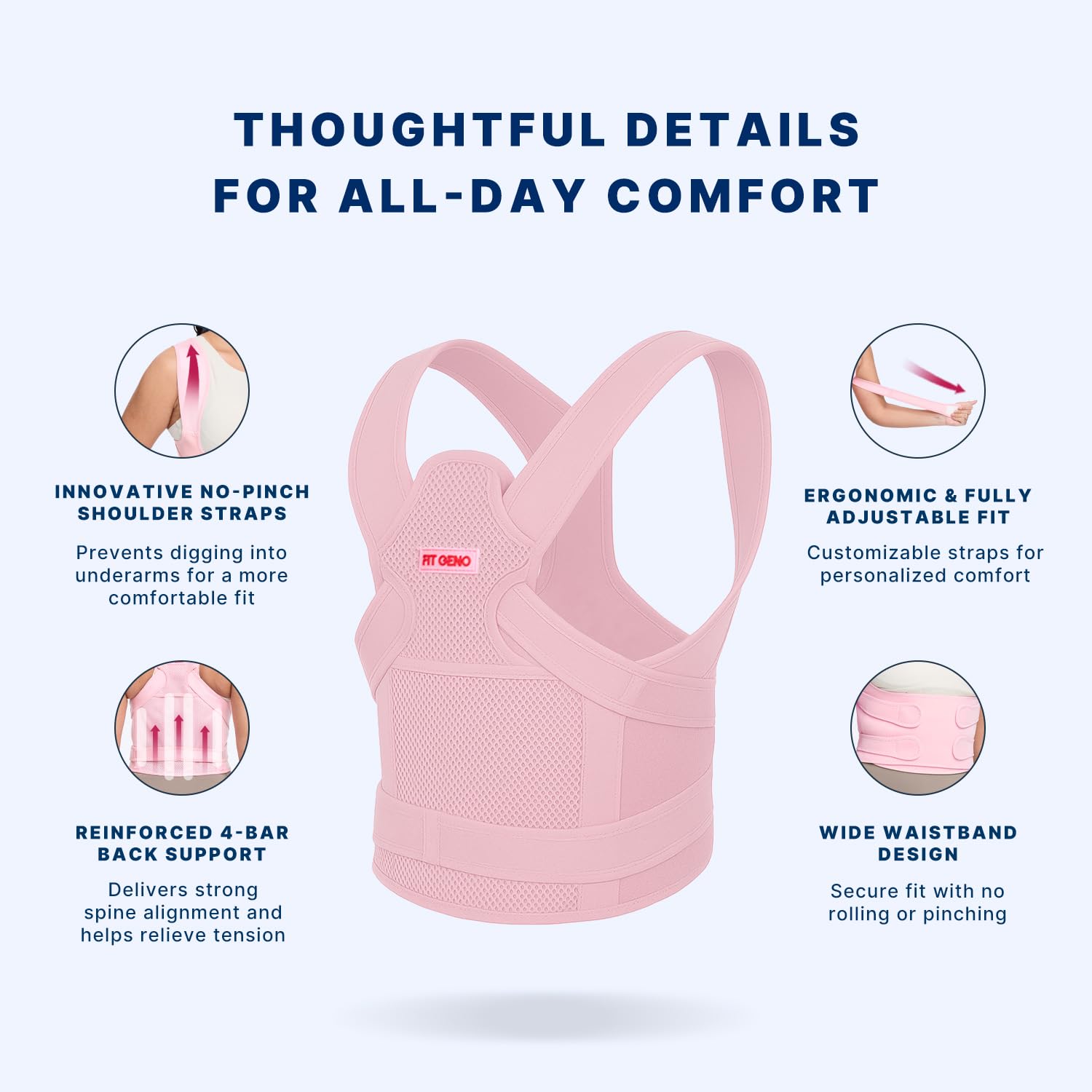 Fit Geno Back Brace and Adjustable Posture Corrector And Trainer for Women and Men, Back Straightener, Scoliosis and Hunchback Correction, Back Pain, Spine Support, Pink, Medium (Waist 34-41 Inch) - Image 4