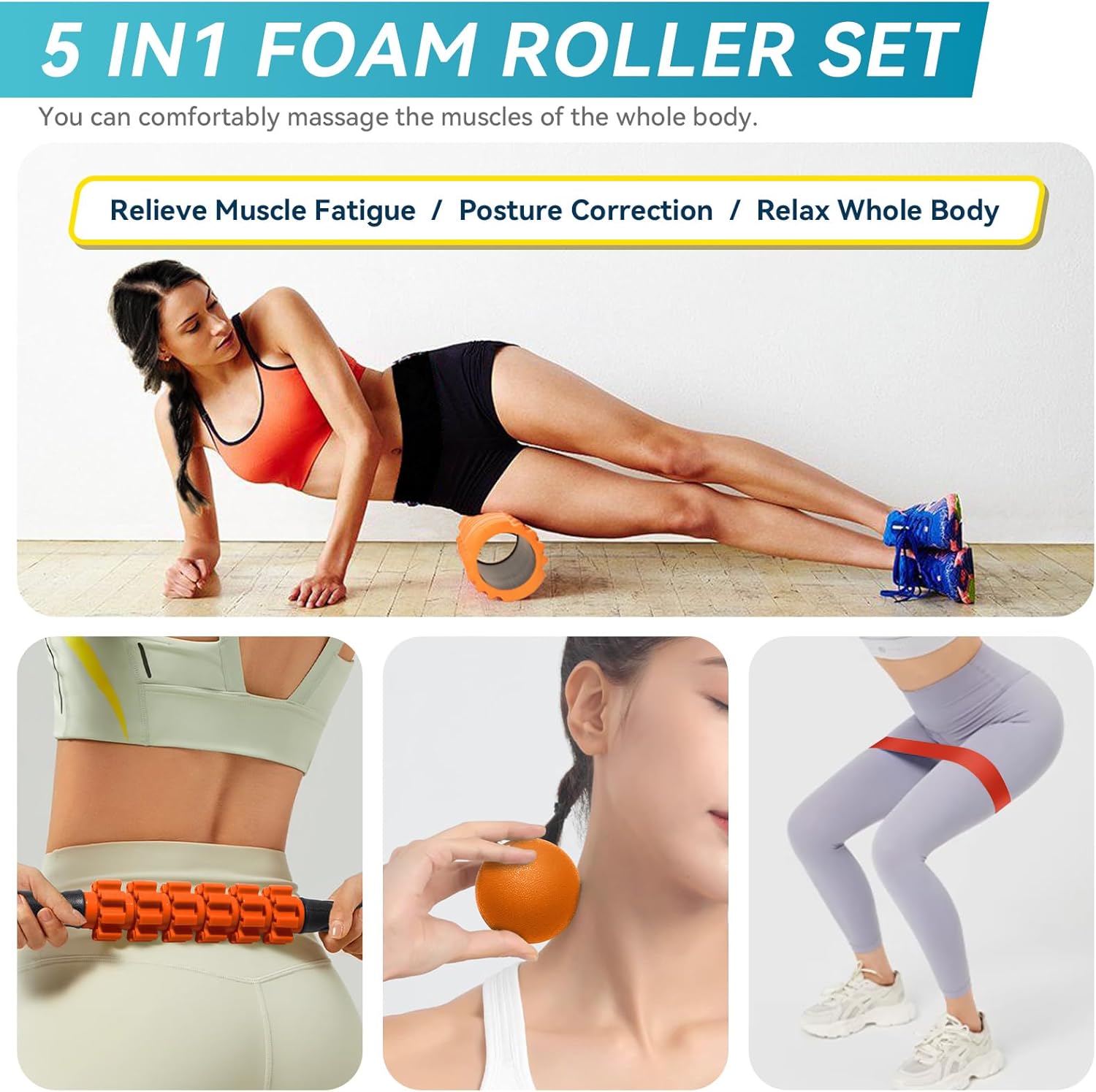 5 in 1 Foam Roller Set for Deep Tissue Muscle Massage, Trigger Point Fitness Exercise Foam Roller, Massage Roller, Massage Ball, Stretching Strap, for Whole Body (Orange Black) - Image 6