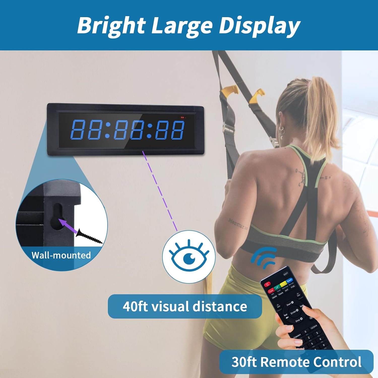 Gym Timer Clock with Remote Control & Push Button,7 RGB Color, Programmable Interval Timer, Countdown/Up Stopwatch,Wall Clock for Home Gym Garage,Portable Training Accessories(Battery) - Image 6