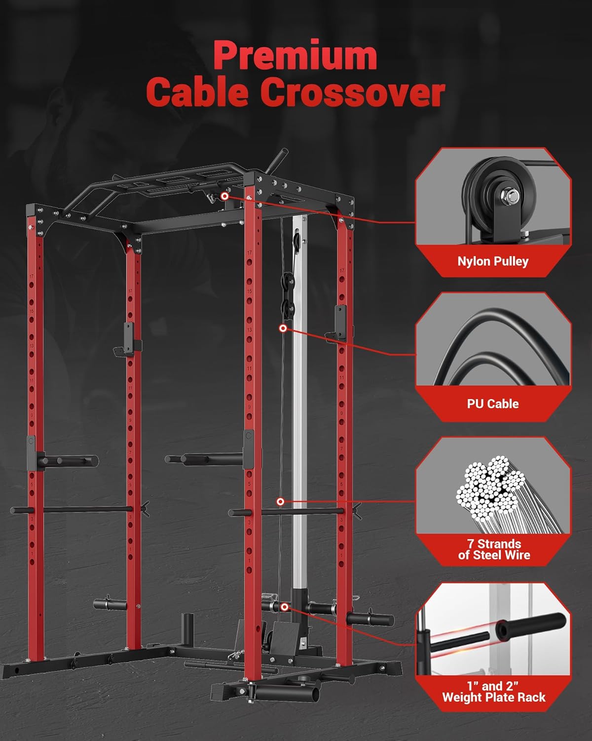 GarveeLife Power Cage, Power Racks for Home Gym with Pulley System, 1200 LBS Weight Capacity Multi-Functional Squat Rack for Strength Workout with More Training Attachment (Red D1002) - Image 5