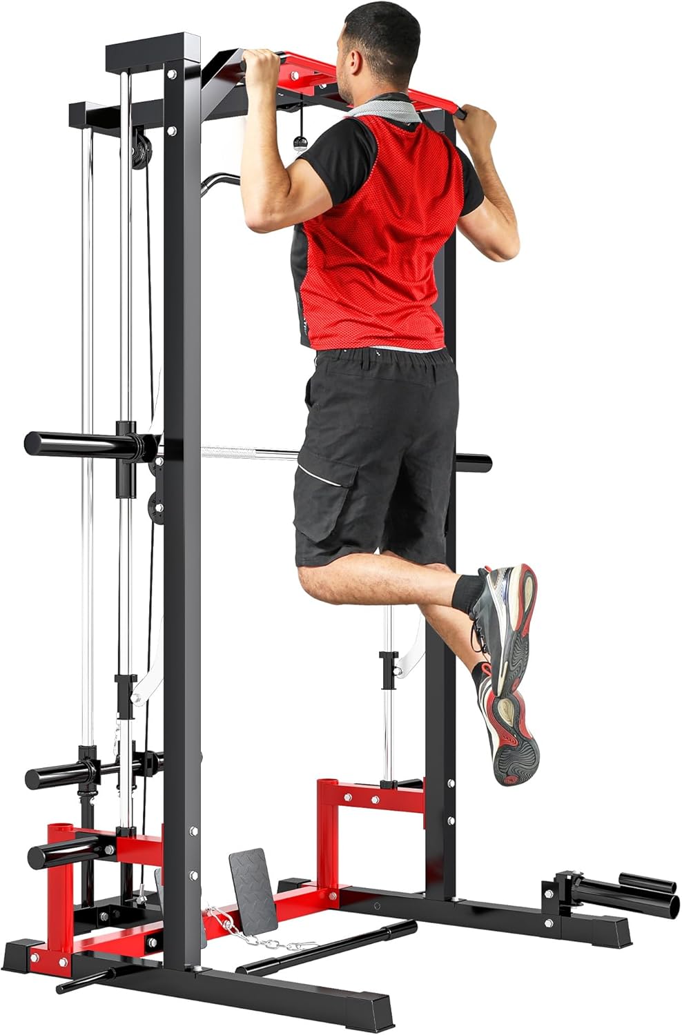 Soozier Power Cage Smith Machine, Multi-Function Power Rack with Pull Up Bar, LAT Pull Down System and Squat Rack, Barbell Bar, Plate Storage Posts, Landmine, for Home Gym