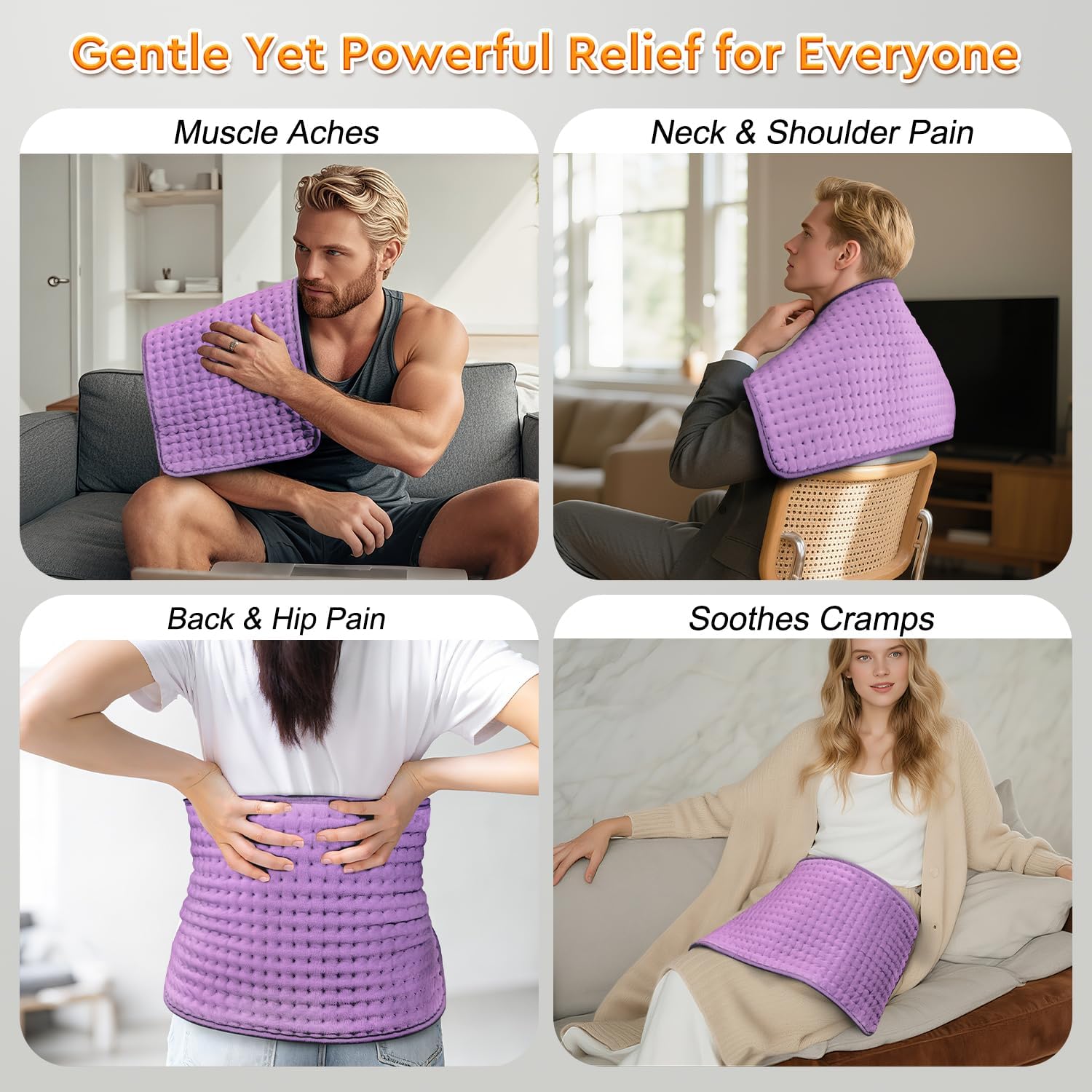 Heating Pad for Back Pain & Period Cramps Relief - Birthday Gifts for Women Mom Grandma, Portable Electric Neck and Shoulder Heating Pads Large, 10 Heat Settings, ETL Certified, 12"x24", Purple - Image 3