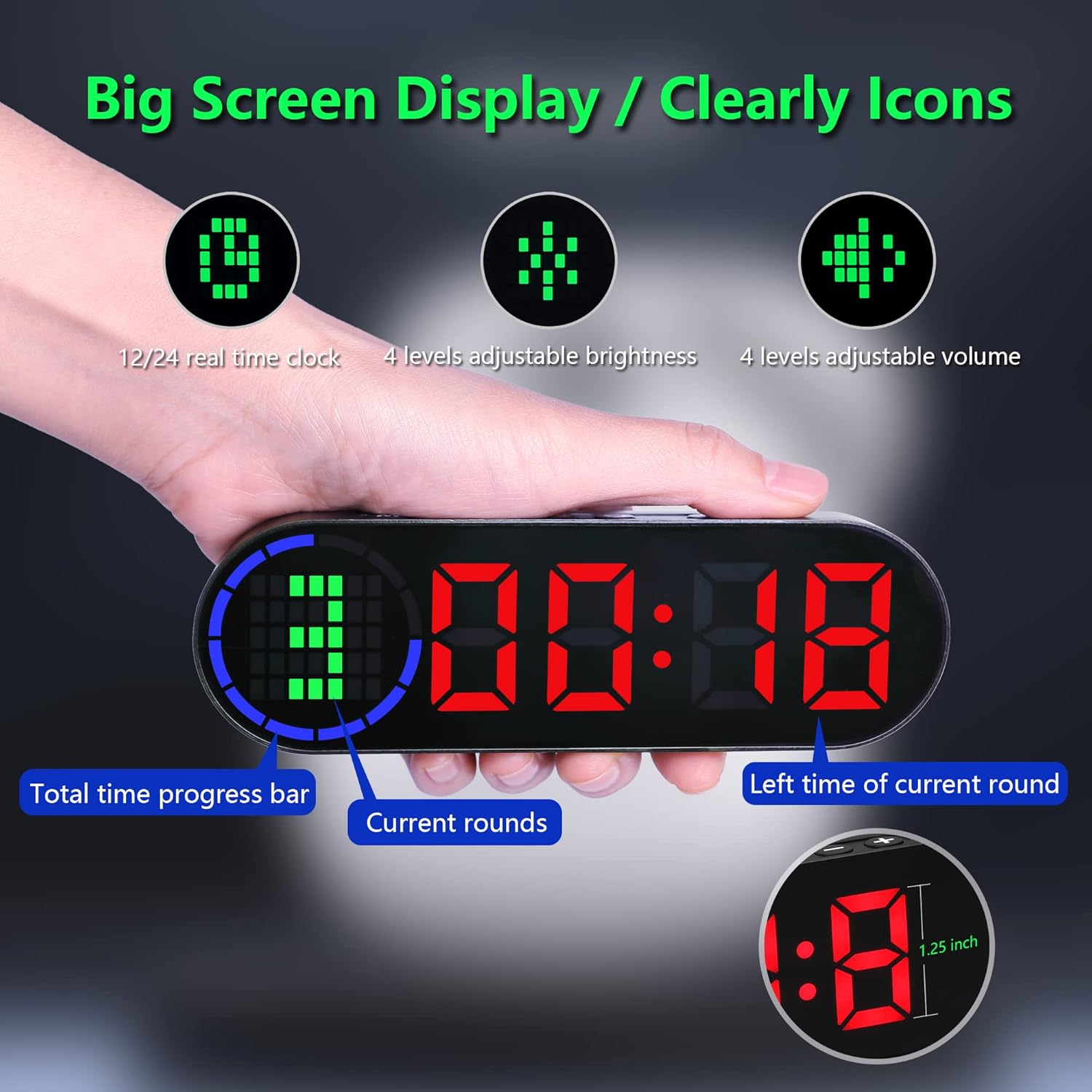 Portable Gym Timer for Home Gym Interval Timer for Workout with Time Progress Bar/Rounds, Workout Clock for Boxing HIIT Tabata Emom Fitness Rechargeable Battery Powered… - Image 2