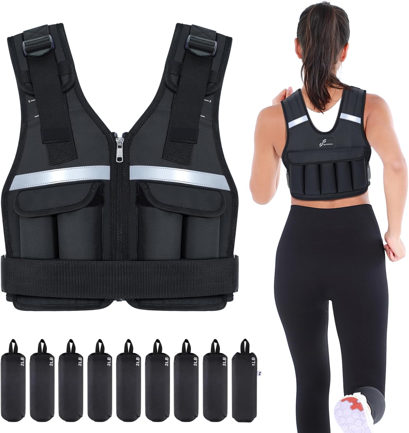 Sportneer Adjustable Weighted Vest Weights: 2-18 lbs/2-40 lbs Washable Weight Vest for Walking 16 In 1 Fast Adjust Rucking Vest for Women and Men Home Gym Running Jogging Strength Training Vests