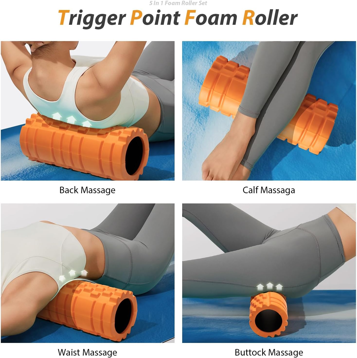 5 in 1 Foam Roller Set for Deep Tissue Muscle Massage, Trigger Point Fitness Exercise Foam Roller, Massage Roller, Massage Ball, Stretching Strap, for Whole Body (Orange-New) - Image 3