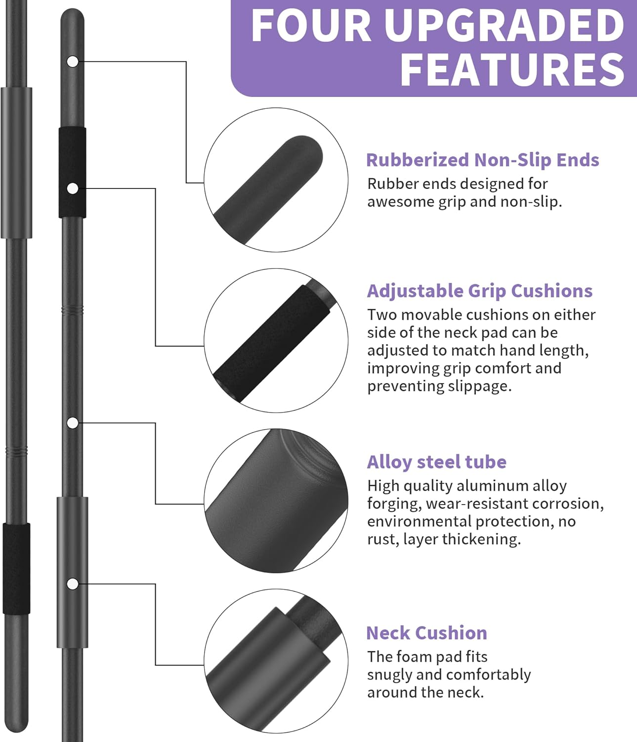 Yoga Stick 58 Inch Sturdy Alloy Steel - Adjustable Stick for Exercise, Stretching, Balance - Versatile Exercise Stick with Non-Slip Ends, Neck Cushion and Adjustable Grip Cushions - Image 3