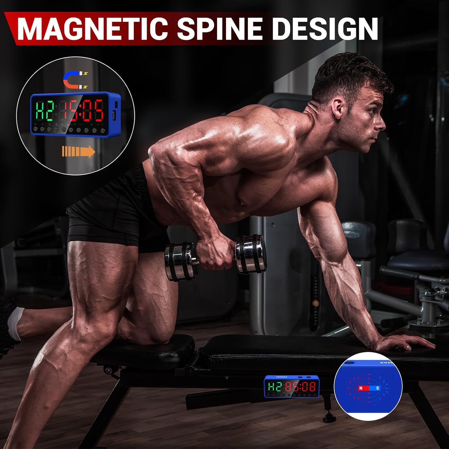 Portable Gym Timer, Fitness Clock, Home Garage Gym Workout Timer, Built-in Strong Magnet and Lithium Battery and Beat Function, Large LED Digital Anti-Vertigo Display - Image 3