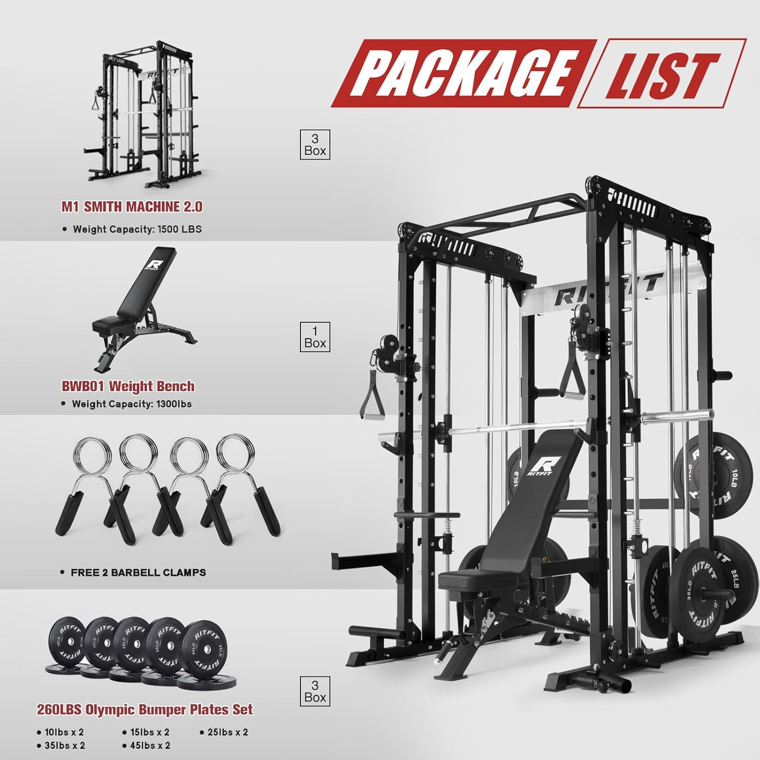 RitFit M1 & M1 Pro Smith Machine with Cable Crossover System, Multi-Function Squat Rack Power Cage for Home Gym, Power Rack and Packages - Image 2