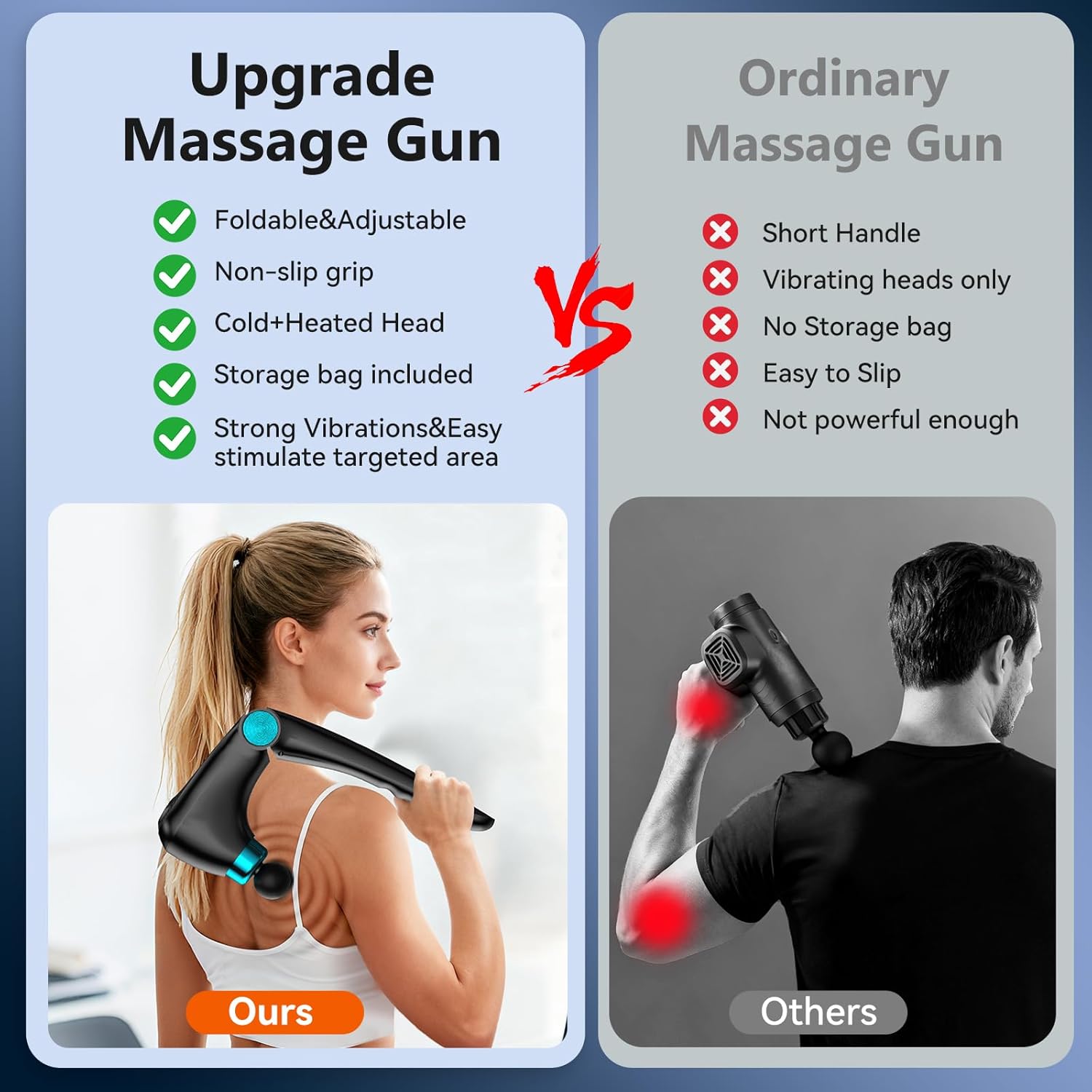 Folding Massage Gun with Heat & Cold Therapy, Back & Deep Tissue Massager with 10 Heads, 9 Speeds, Quiet Rechargeable Percussion Massager for Back Pain Relief, Shoulders, Legs, Portable with Case - Image 6