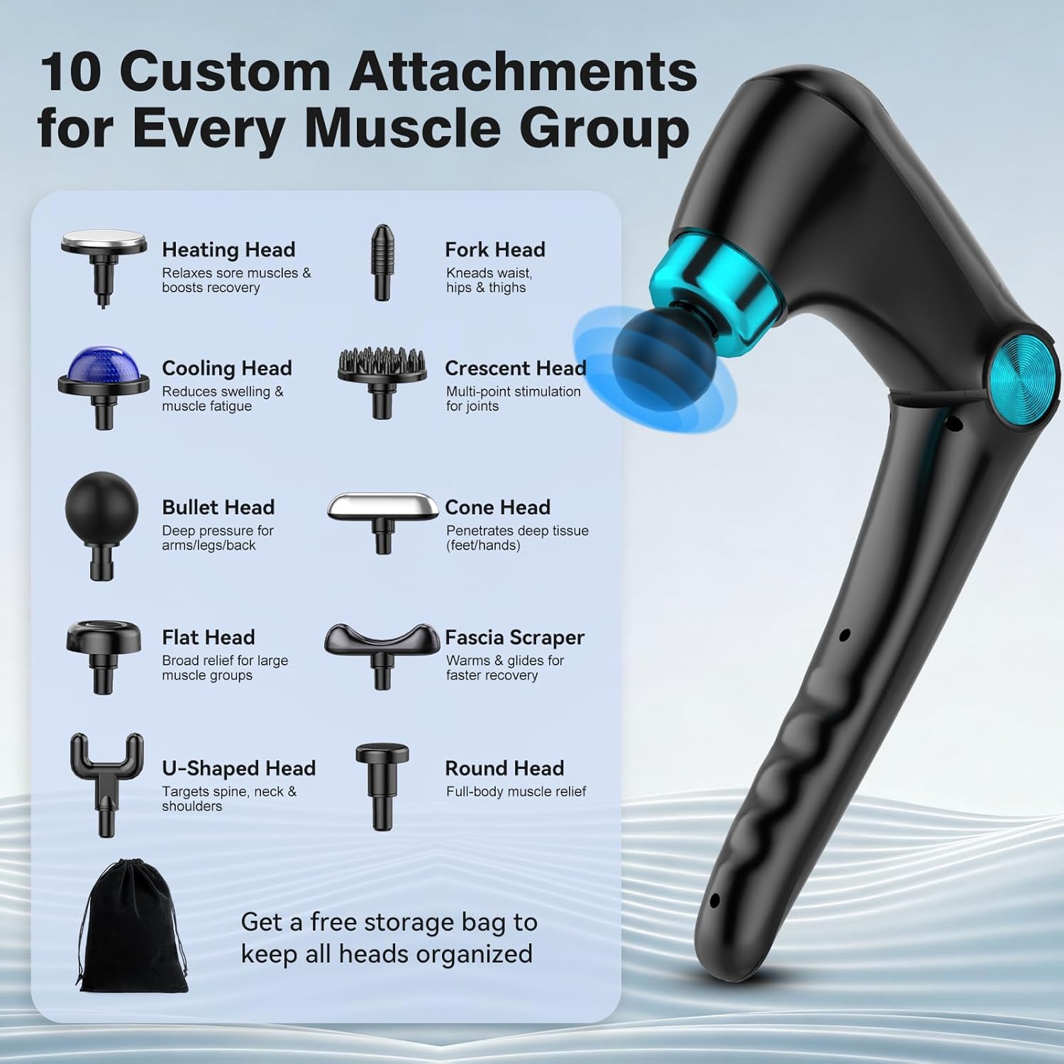 Folding Massage Gun with Heat & Cold Therapy, Back & Deep Tissue Massager with 10 Heads, 9 Speeds, Quiet Rechargeable Percussion Massager for Back Pain Relief, Shoulders, Legs, Portable with Case - Image 5