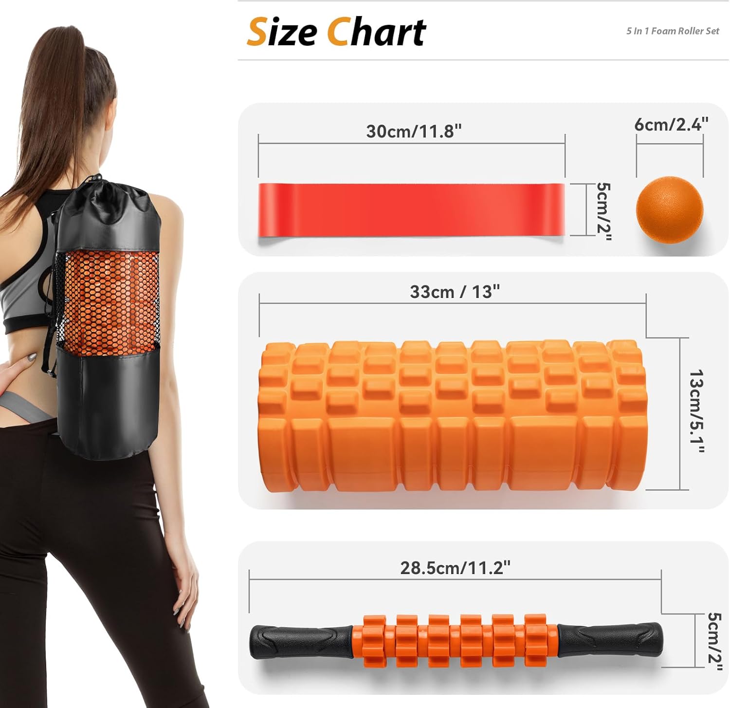 5 in 1 Foam Roller Set for Deep Tissue Muscle Massage, Trigger Point Fitness Exercise Foam Roller, Massage Roller, Massage Ball, Stretching Strap, for Whole Body (Orange-New) - Image 7