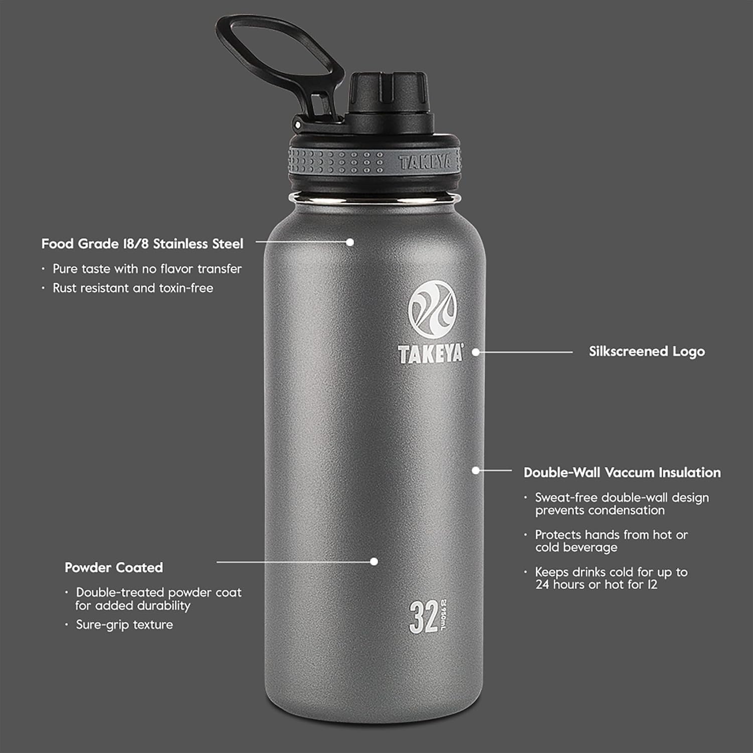 Takeya Originals 18 oz Vacuum Insulated Stainless Steel Water Bottle with Spout Lid, Black - Image 4