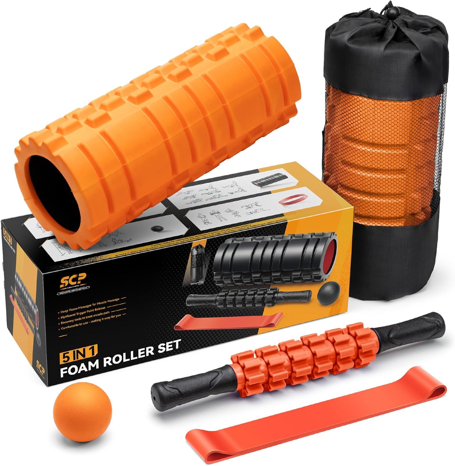 5 in 1 Foam Roller Set for Deep Tissue Muscle Massage, Trigger Point Fitness Exercise Foam Roller, Massage Roller, Massage Ball, Stretching Strap, for Whole Body (Orange-New) - Image 8