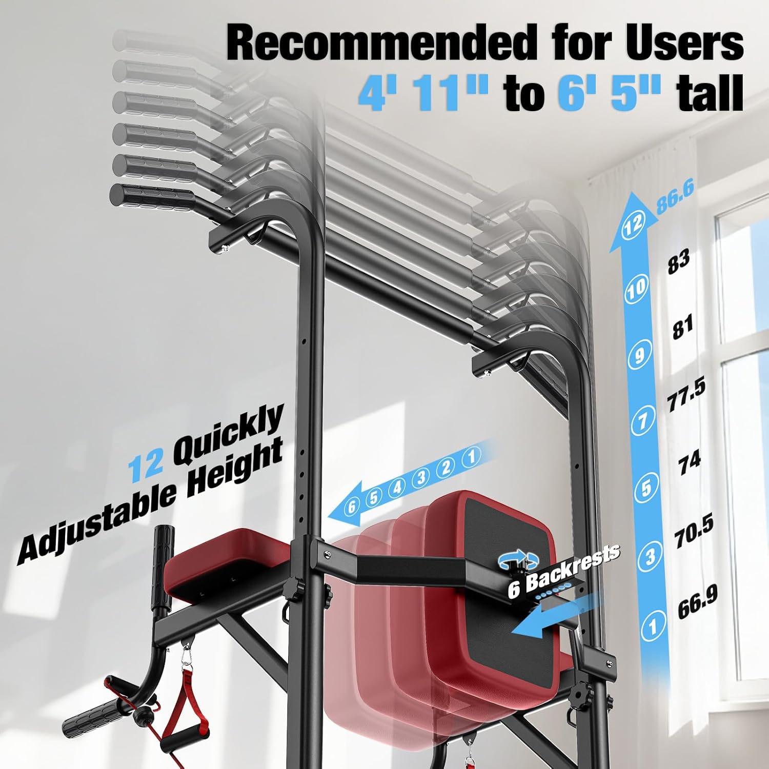 Dskeuzeew Power Tower Pull Up Bar Station for Home Gym Strength, 450LBS Pull Up Dip Station Assistive Trainer Height Adjustable with Elastic Ropes, Pull Up Bar Free Standing Heavy-Duty Fitness Equipment - Image 4