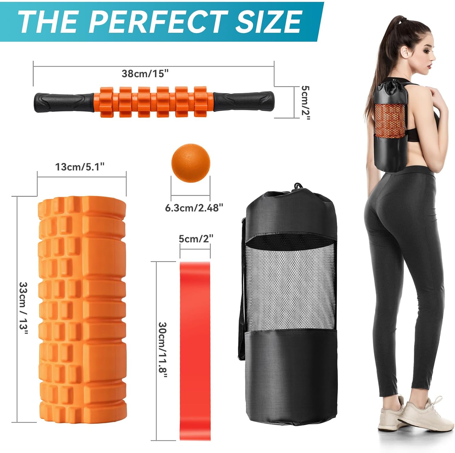 5 in 1 Foam Roller Set for Deep Tissue Muscle Massage, Trigger Point Fitness Exercise Foam Roller, Massage Roller, Massage Ball, Stretching Strap, for Whole Body (Orange Black) - Image 7