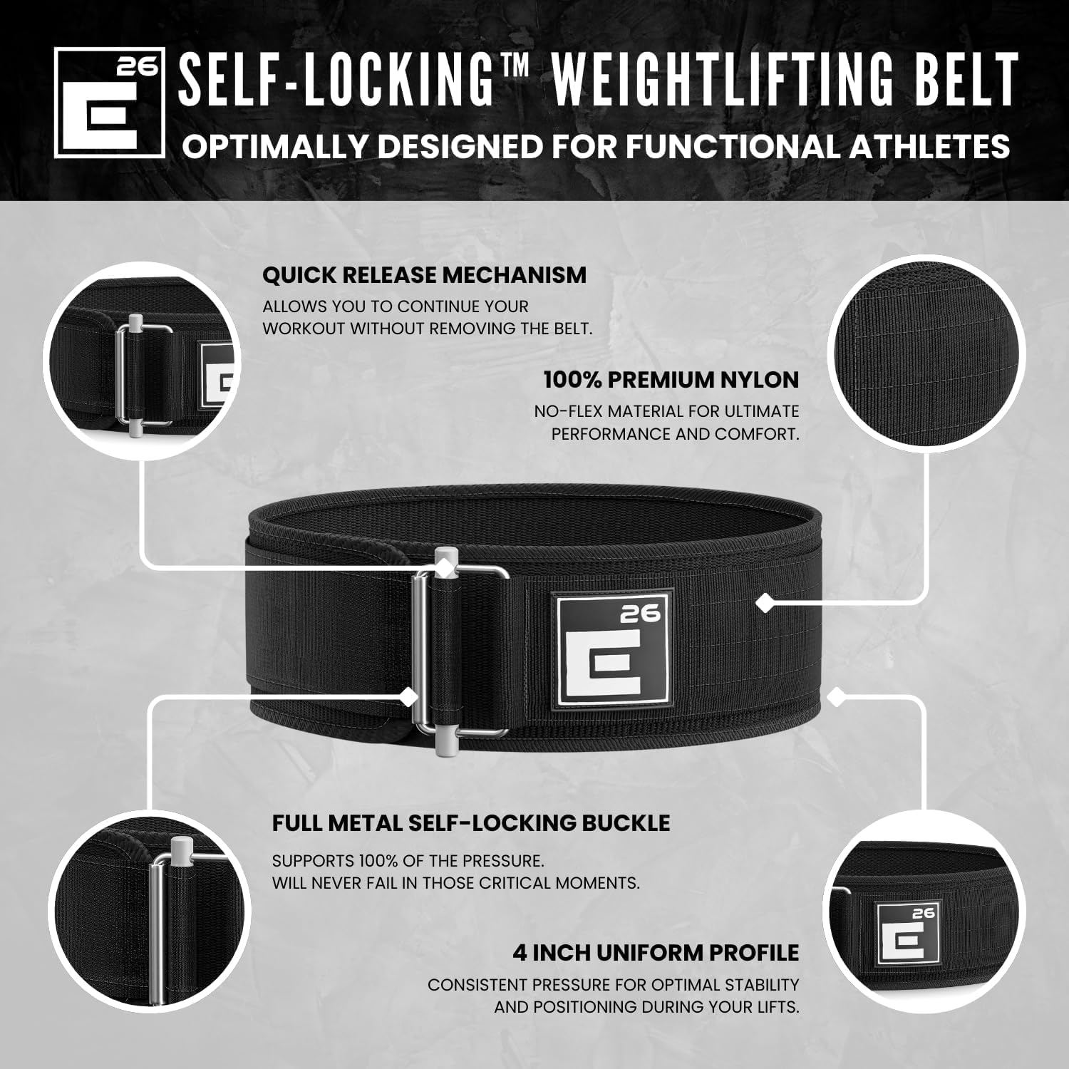Element 26 Self-Locking Weight Lifting Belt - Premium Weightlifting Belt for Serious Functional Fitness and Olympic Lifting Athletes - Lifting Support for Men and Women - Deadlift Training Belt - Image 3